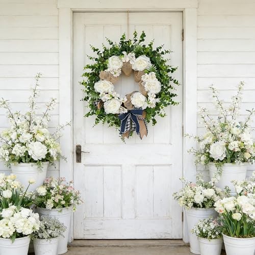 24″ Spring Peony & Eucalyptus Wreath for Front Door – Artificial Flowers White