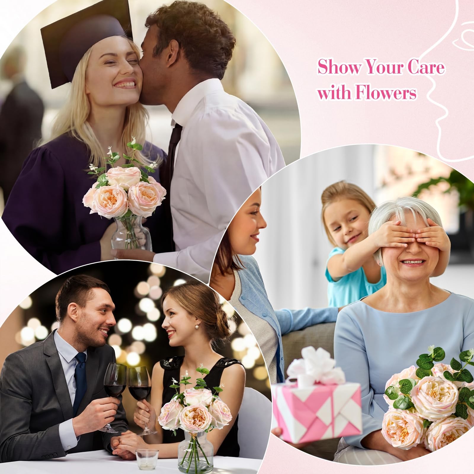 Real Touch Peonies Artificial Flowers Faux Austin Rose Vase Light Pink 6 PCS