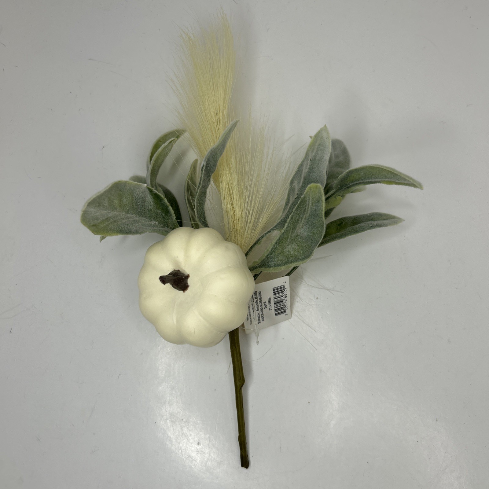 10 Artificial Fall Pumpkin Floral Pick W/Faux Lambs Ear & Feather Grass