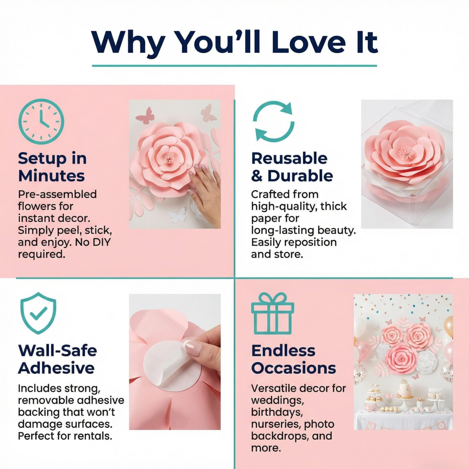 15pc Large Flowers Decorations for Wall – Reusable 3D Wall Decor for Girls Ro…
