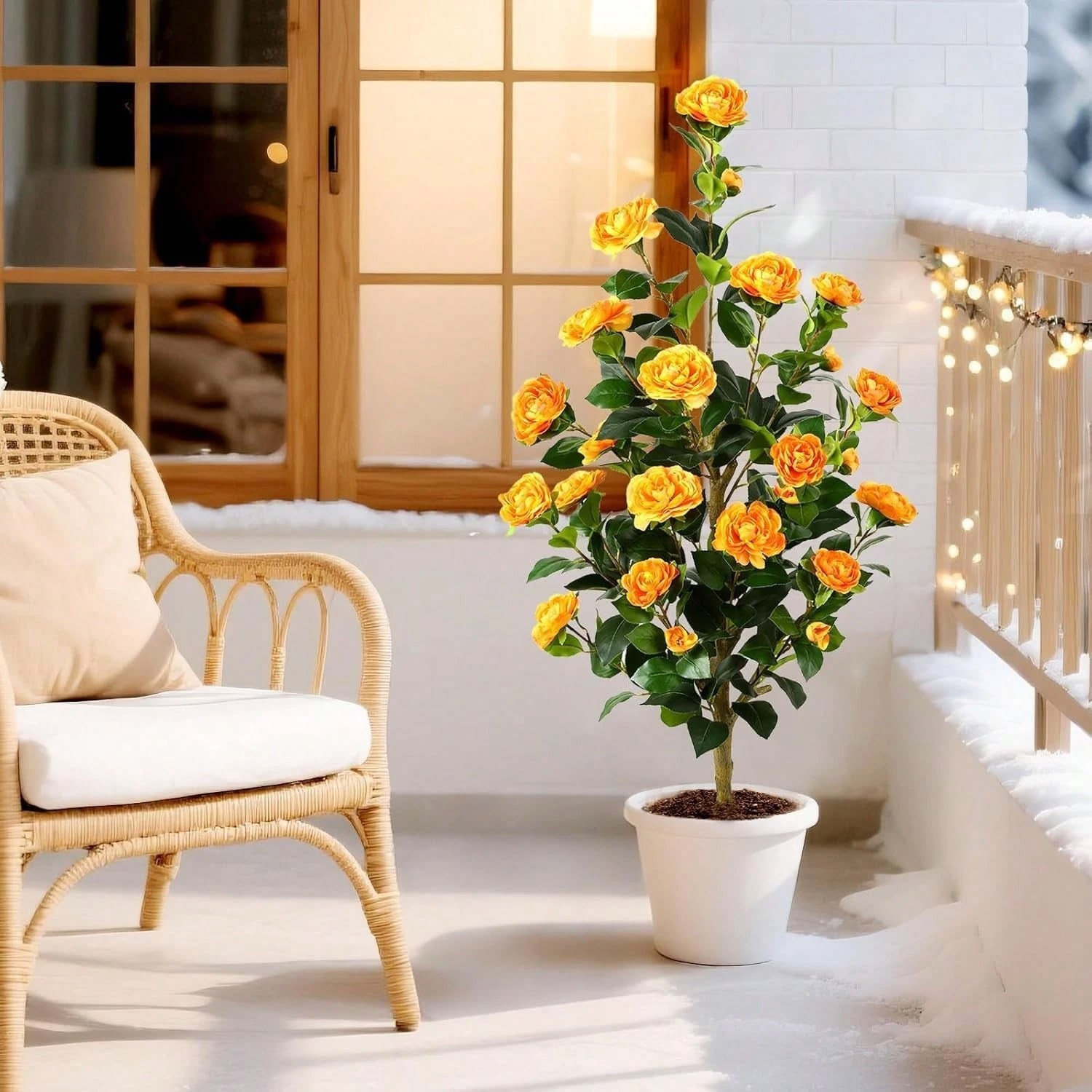 2 Pack Artificial Camellia Trees 3FT/4FT Orange Flowers with Pots