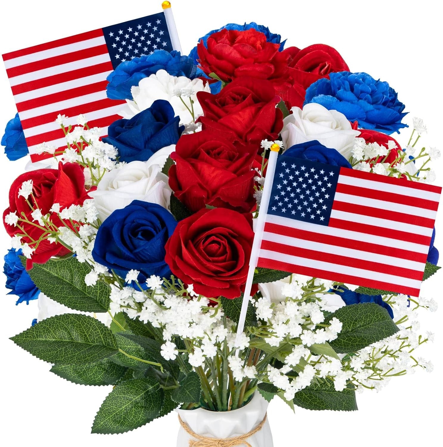 28 Pcs Red White and Blue Flowers, Patriotic Memorial Bouquet Atificial Flowe…