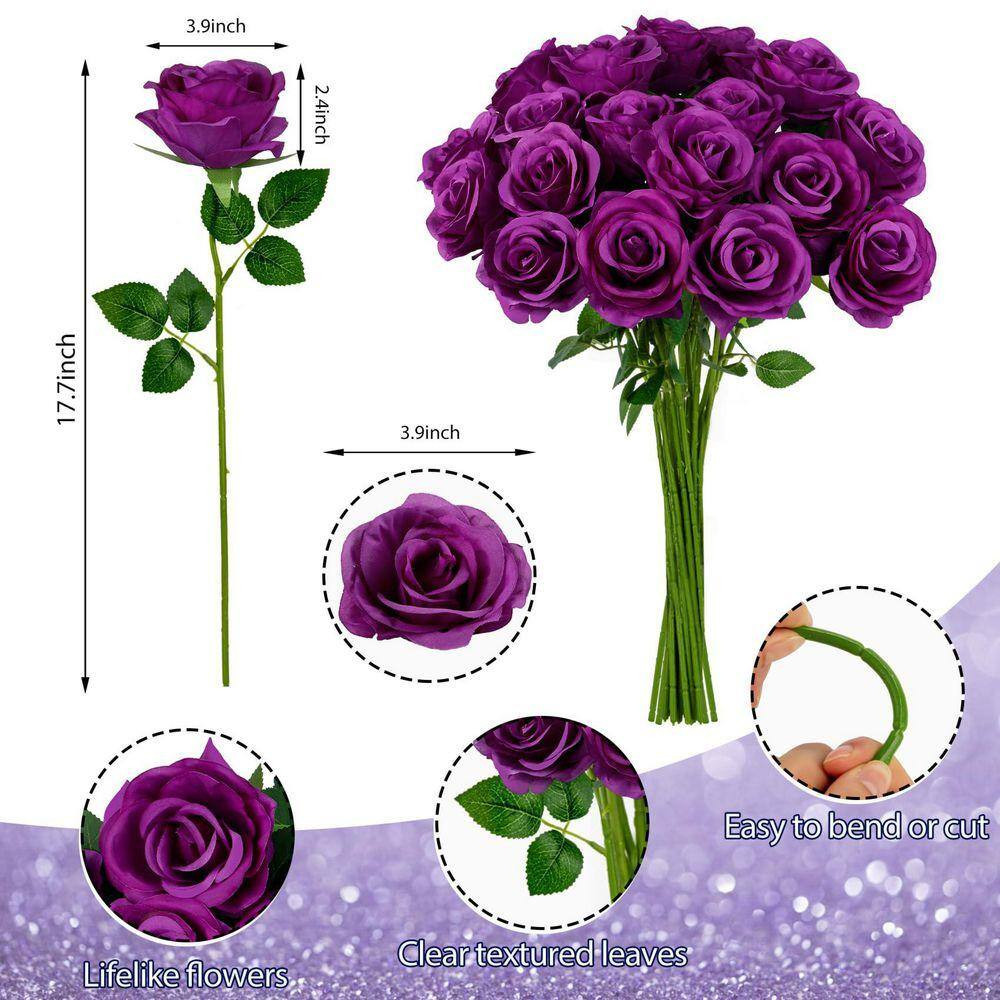 17.7 In. 20-Piece Purple Indoor Artificial Roses Silk Flowers for Valentines Wed