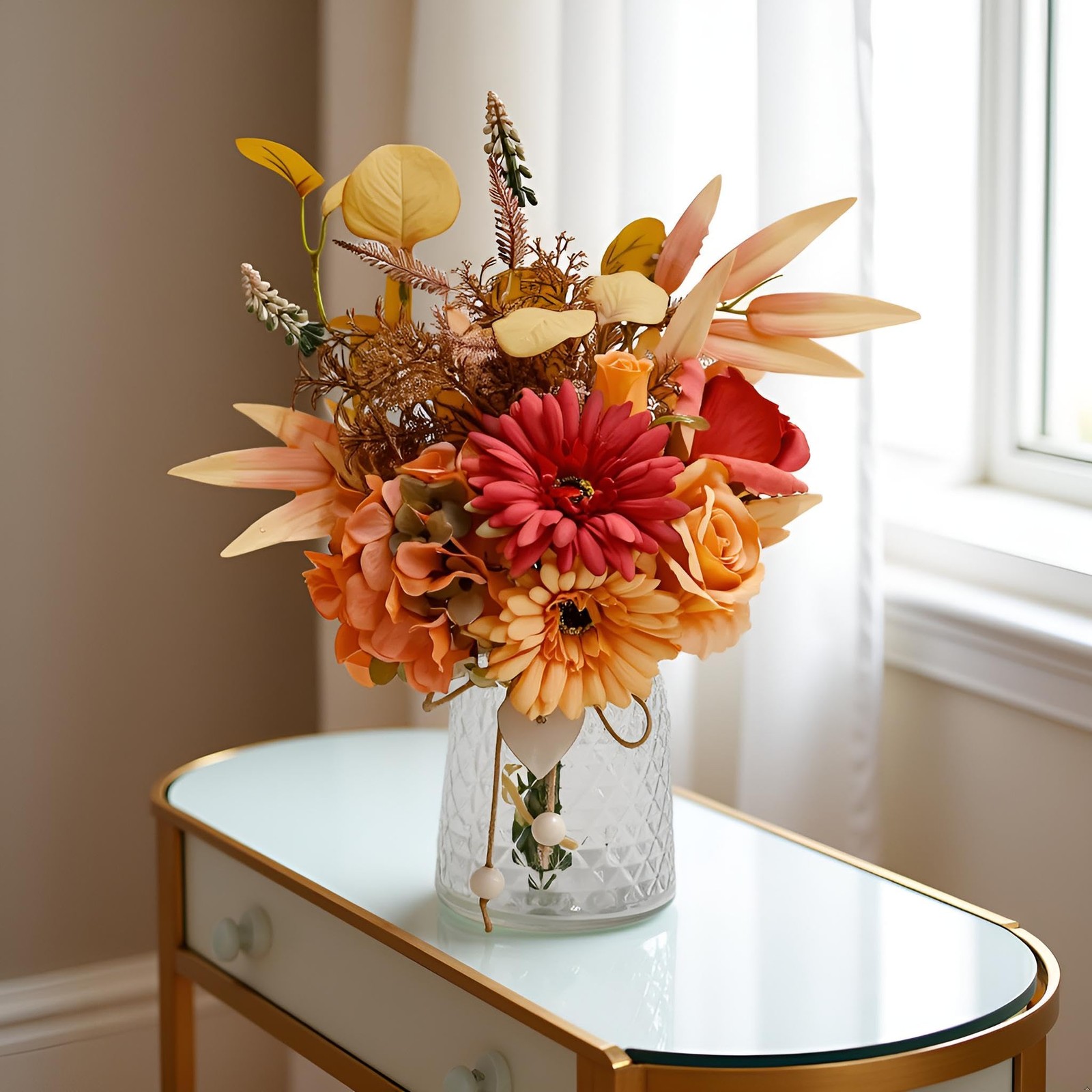 Autumn Artificial Flower Bouquet Vase Fall Silk Arrangement Faux Centerpiece