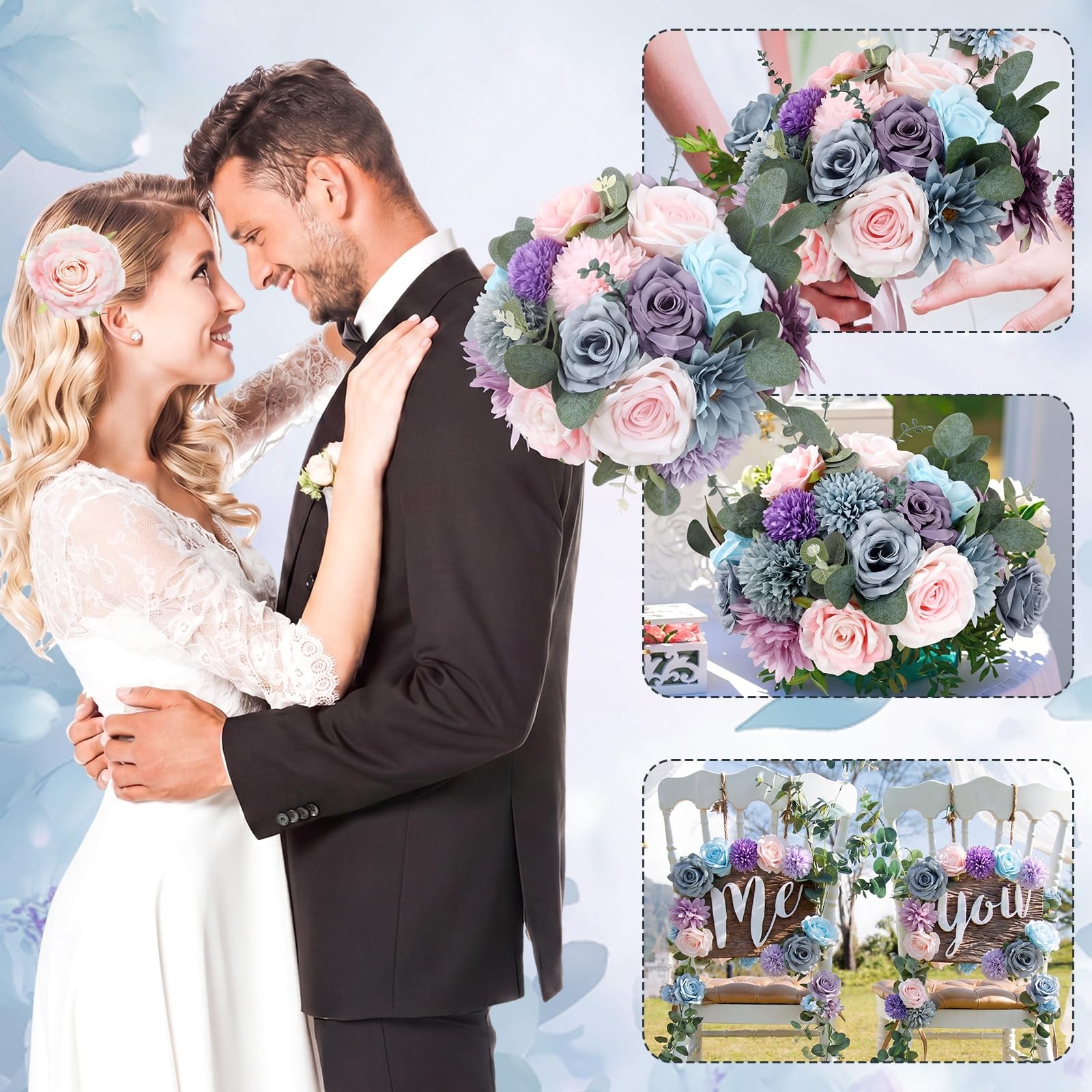 98 Pcs Artificial Flowers Bouquet Assorted Faux Flowers Heads with Stem Eucal…