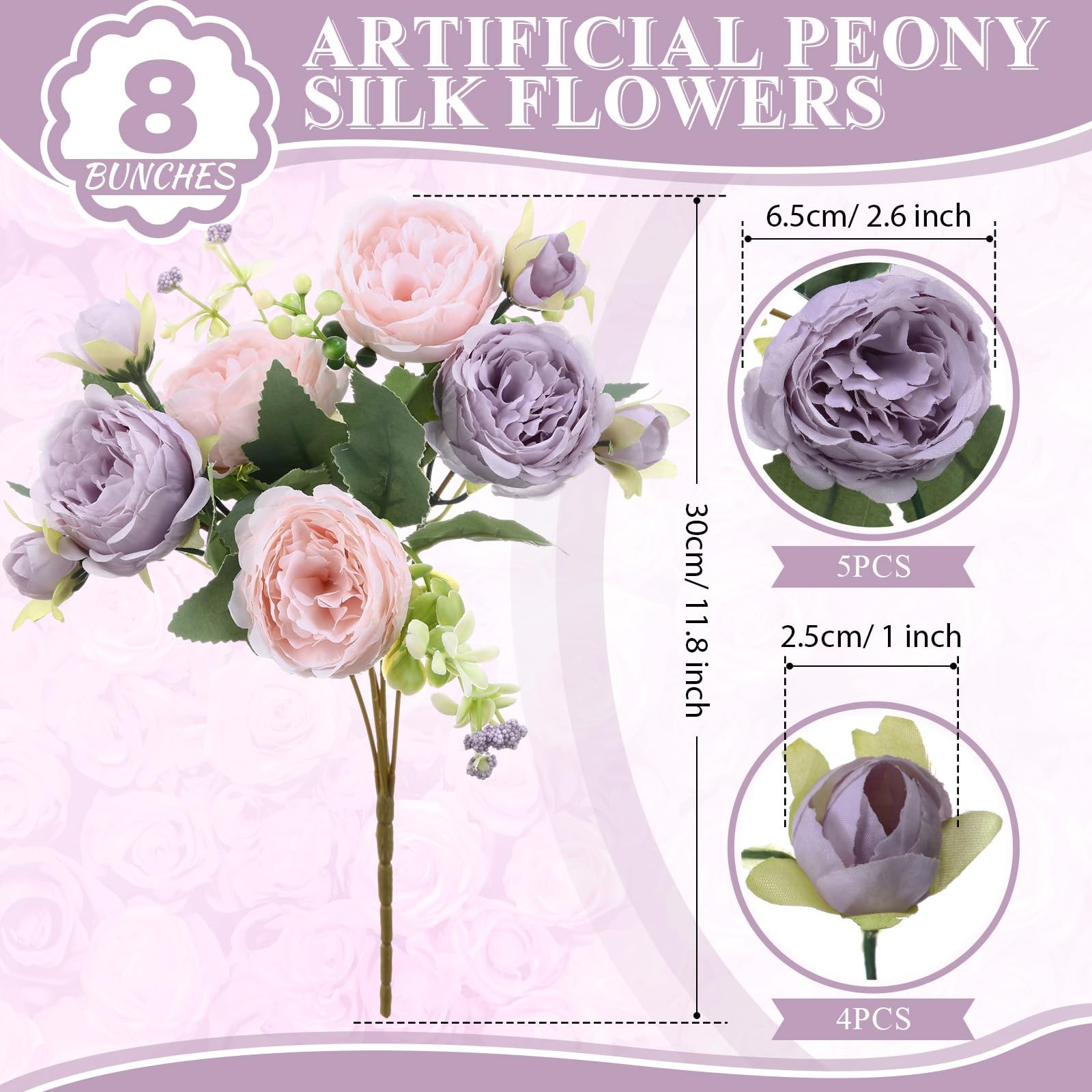 8 Bundles Artificial Peonies Silk Flowers Boho Faux Floral Centerpiece Wedding D