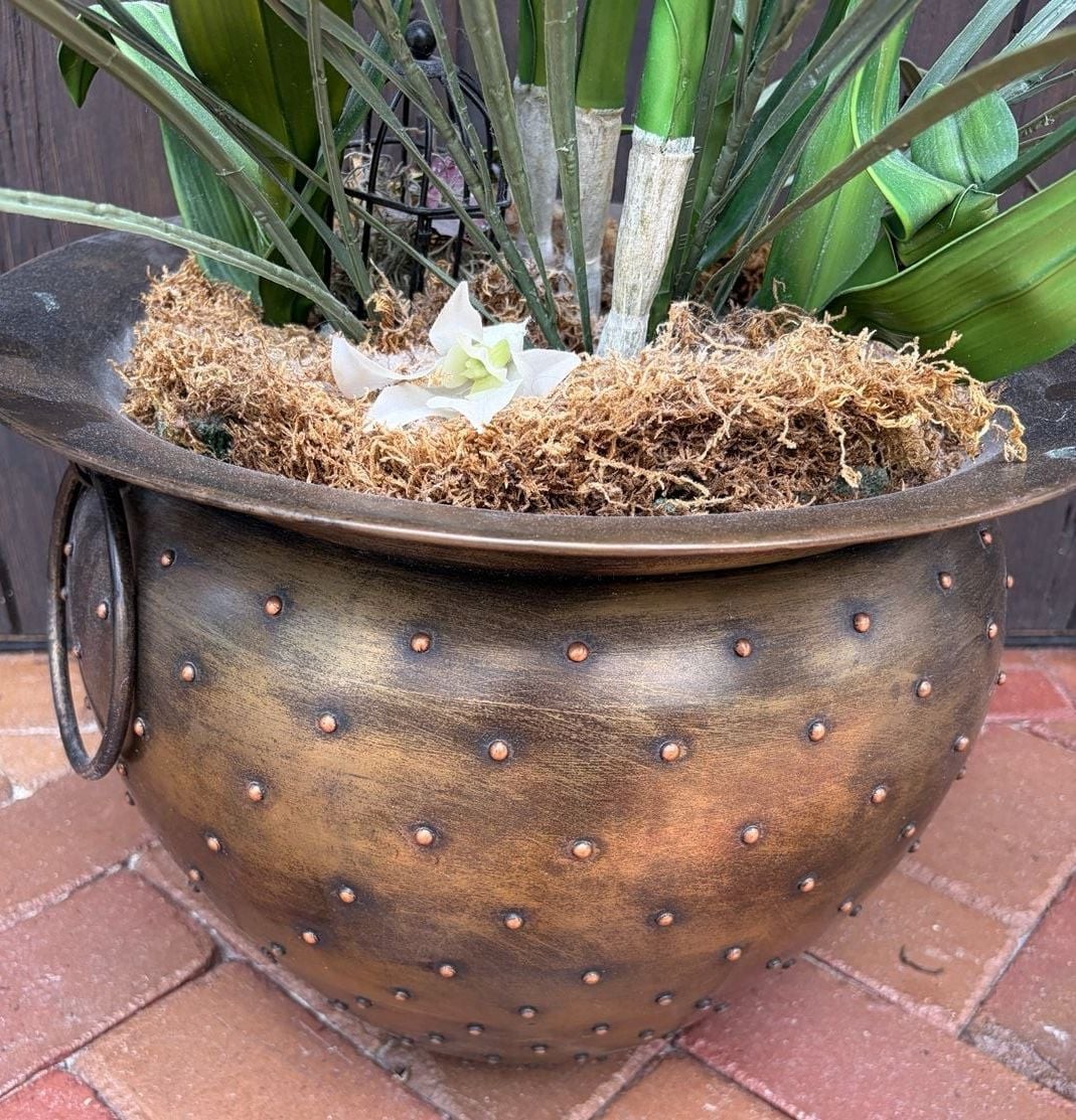 Montaage 1996 Decorative Brass Studded Pot w/ Artificial White Dendrobium Orchid