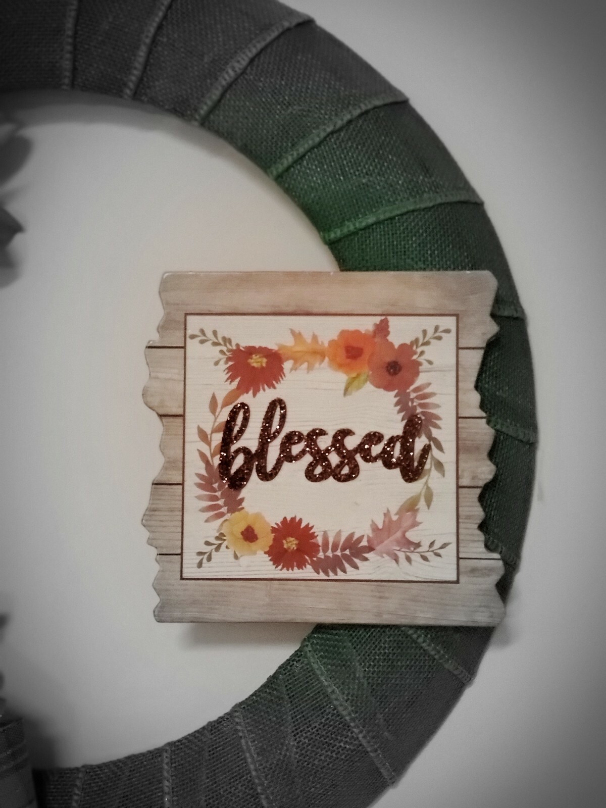 BLESSED wreath Asters Wheat orange Green burlap mesh FALL AUTUMN Decor Door 15″