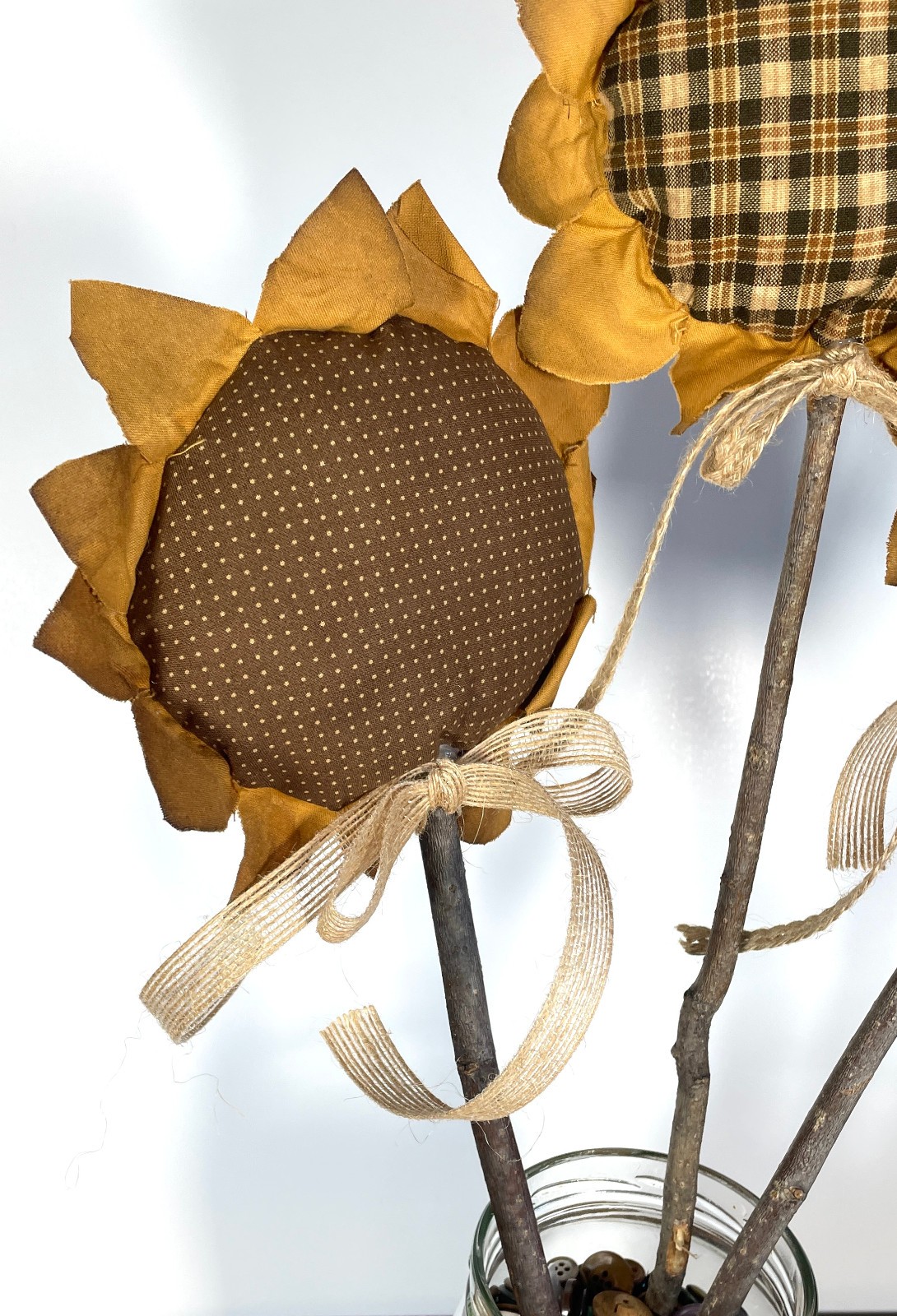 Set of 3 Primitive Handmade Fabric Sunflower Crock Pokes Fall Arrangements 24″
