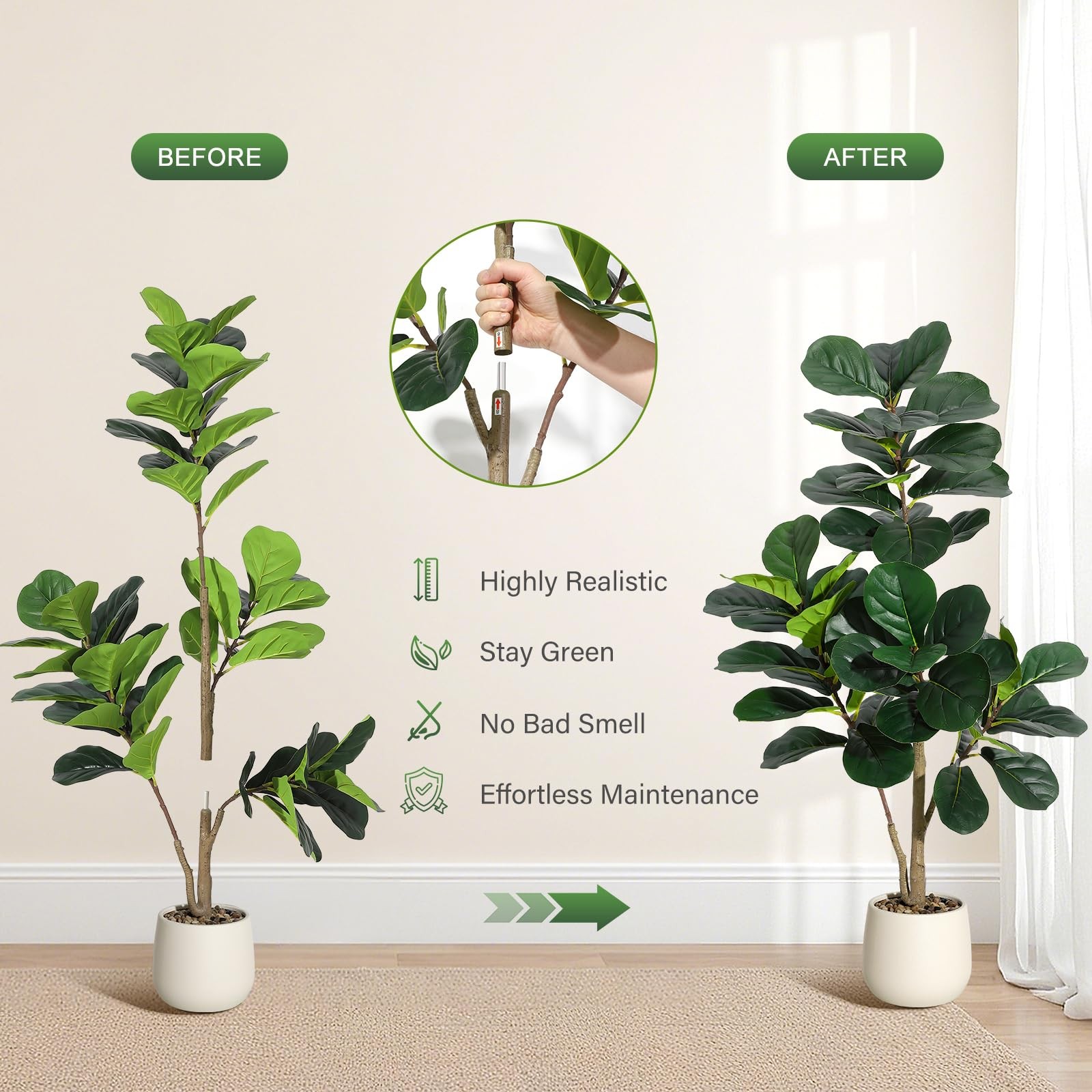 4 ft Fiddle Leaf Fig Tree Artificial with 48 Leaves – Realistic Faux Ficus Ly…