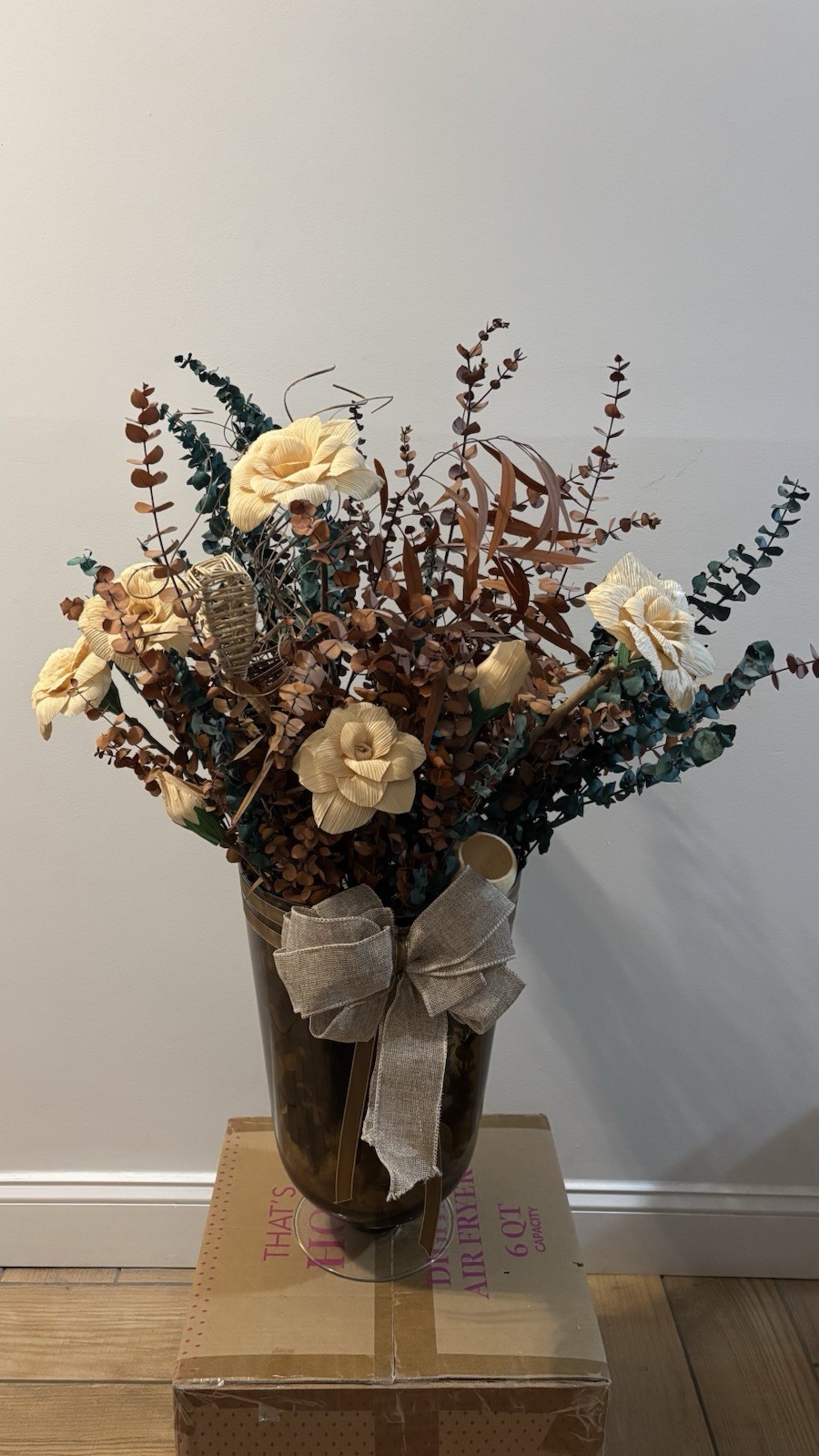 Artificial Rose & Eucalyptus Arrangement in Vase – Brown Beige Green Flowers