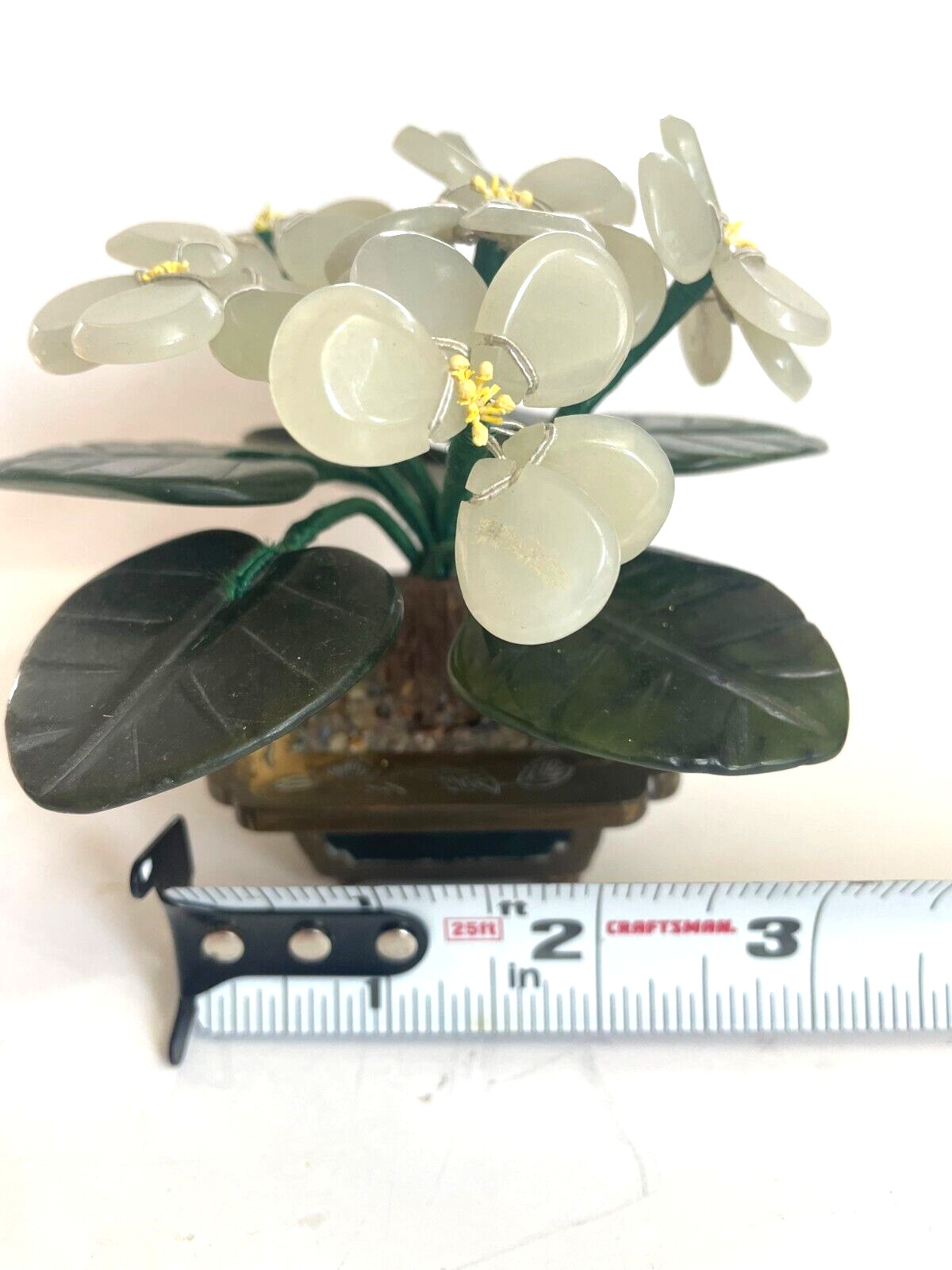 6 Jade Flowers and Petals in Brass Planter 4 “1970s Made in Hong Kong Vintage