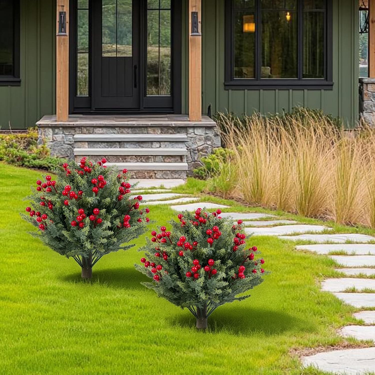 2Pcs 19.6” Artificial Topiary Trees Red Fruits Bushes with Ground Spike Outdoor
