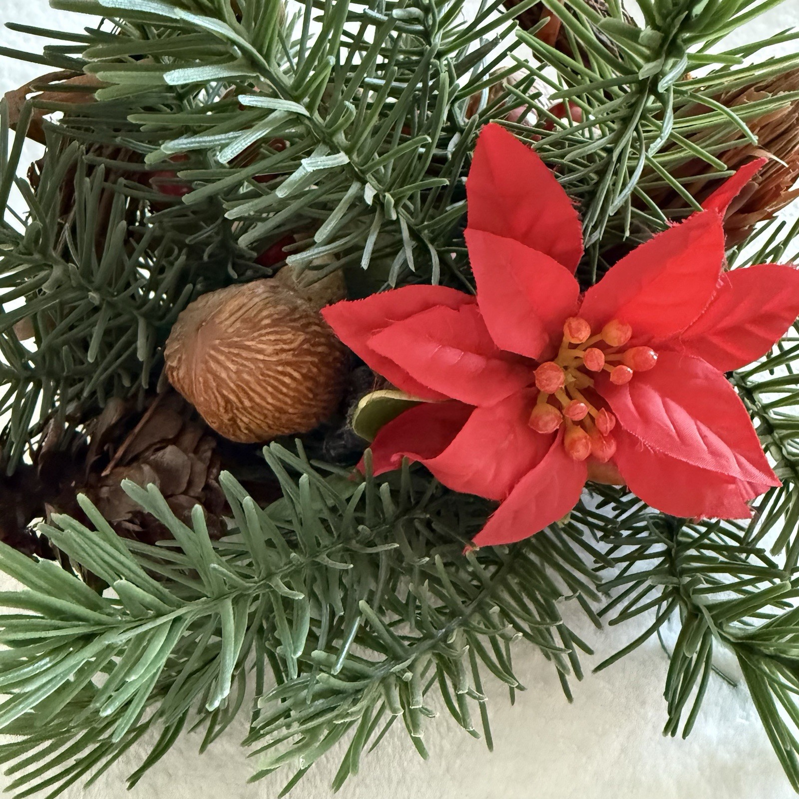 Artificial Christmas Centerpiece Table Top Decoration Poinsettia Nuts VTG Rustic