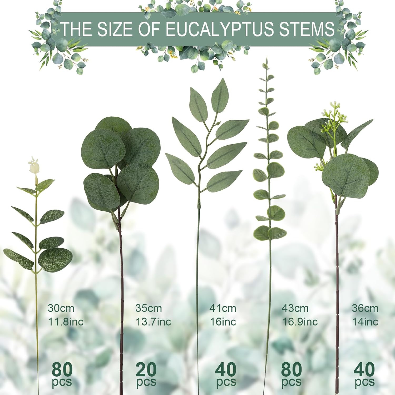 260 Pcs Artificial Mixed Eucalyptus Stems Bulk, 5 Kinds of Faux Greenery Eucalyp