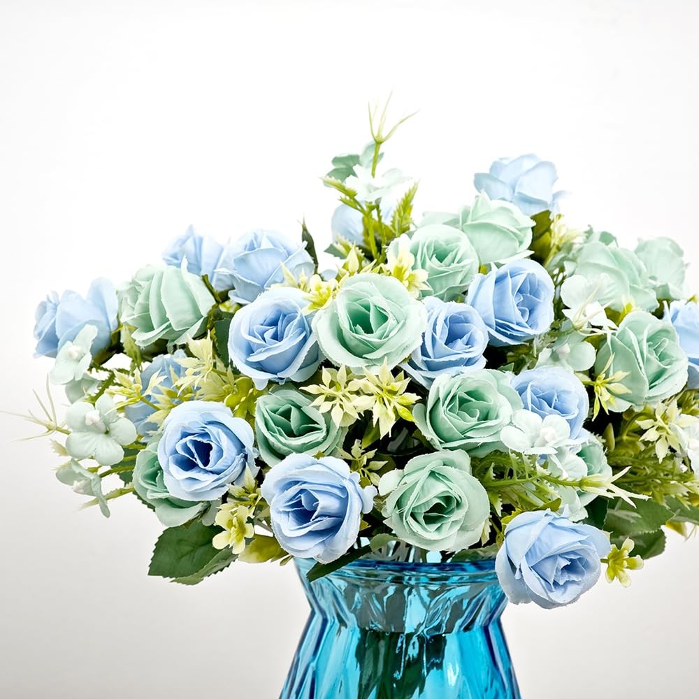 5 PCS Blue Real Touch Artificial Rose Flowers Fake Bouquet for Home Office