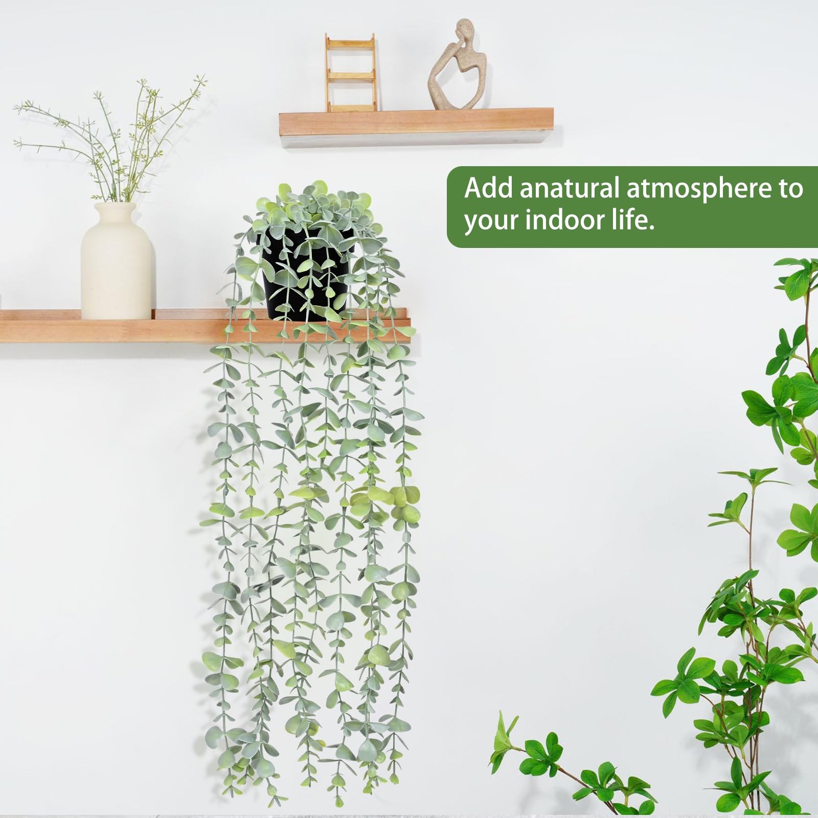 2Pcs Fake Hanging Plants with Pot Light Green Eucalyptus Leaves UV Resistant …