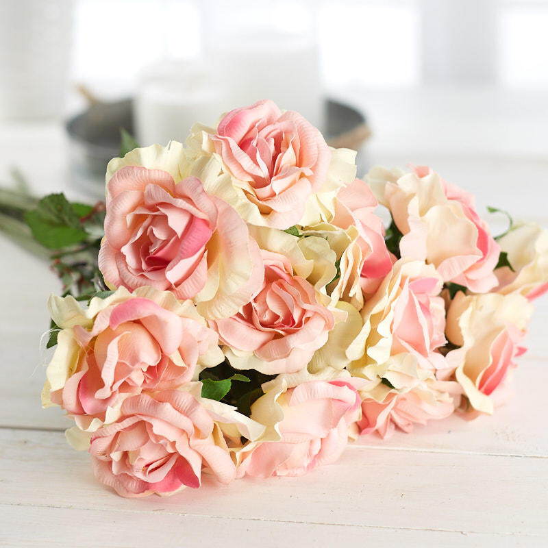 1 Dozen Cream and Pink Artificial Open Rose 25″ Stems