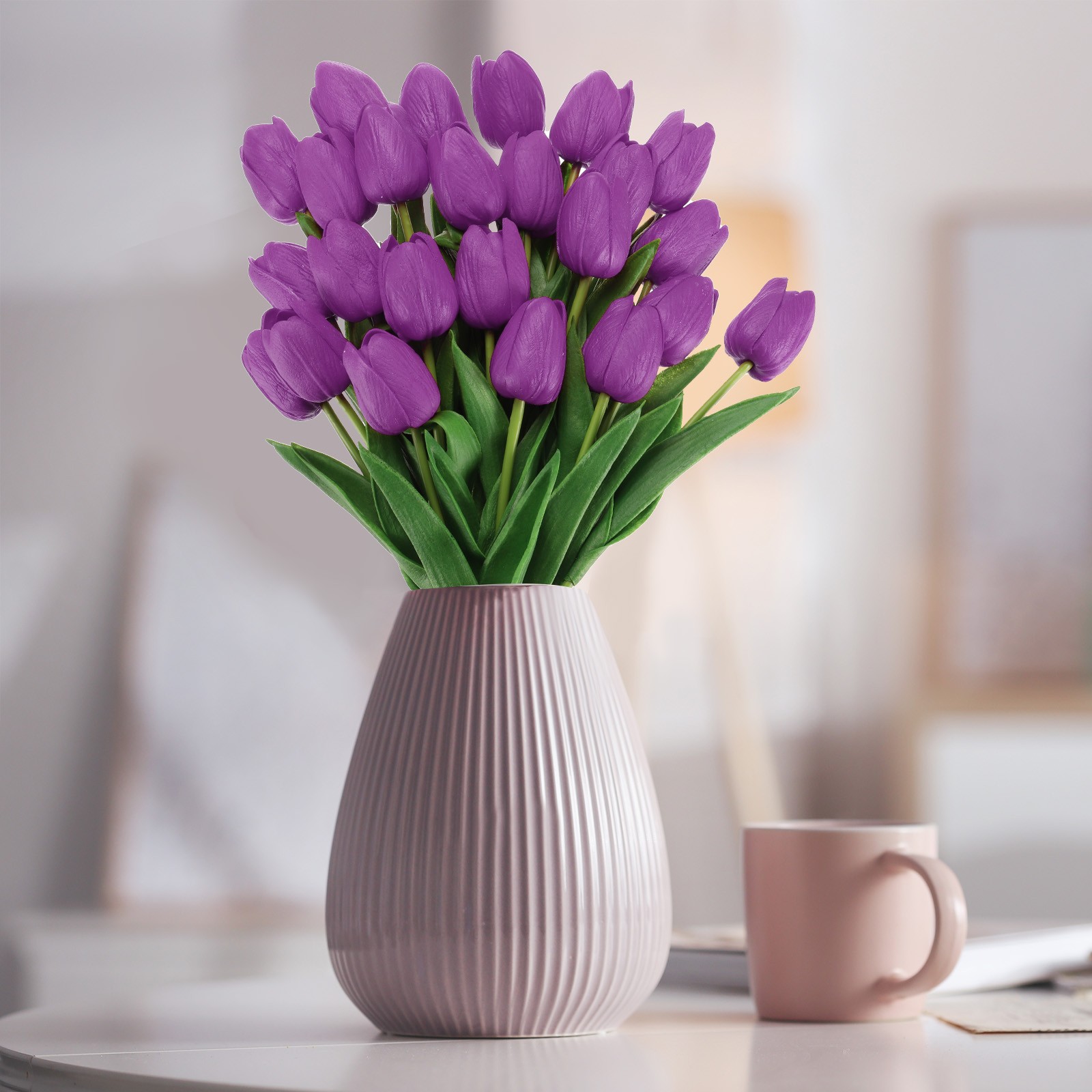 24Pcs Fake Tulips Artificial Flowers PU Tulips with Stems Purple