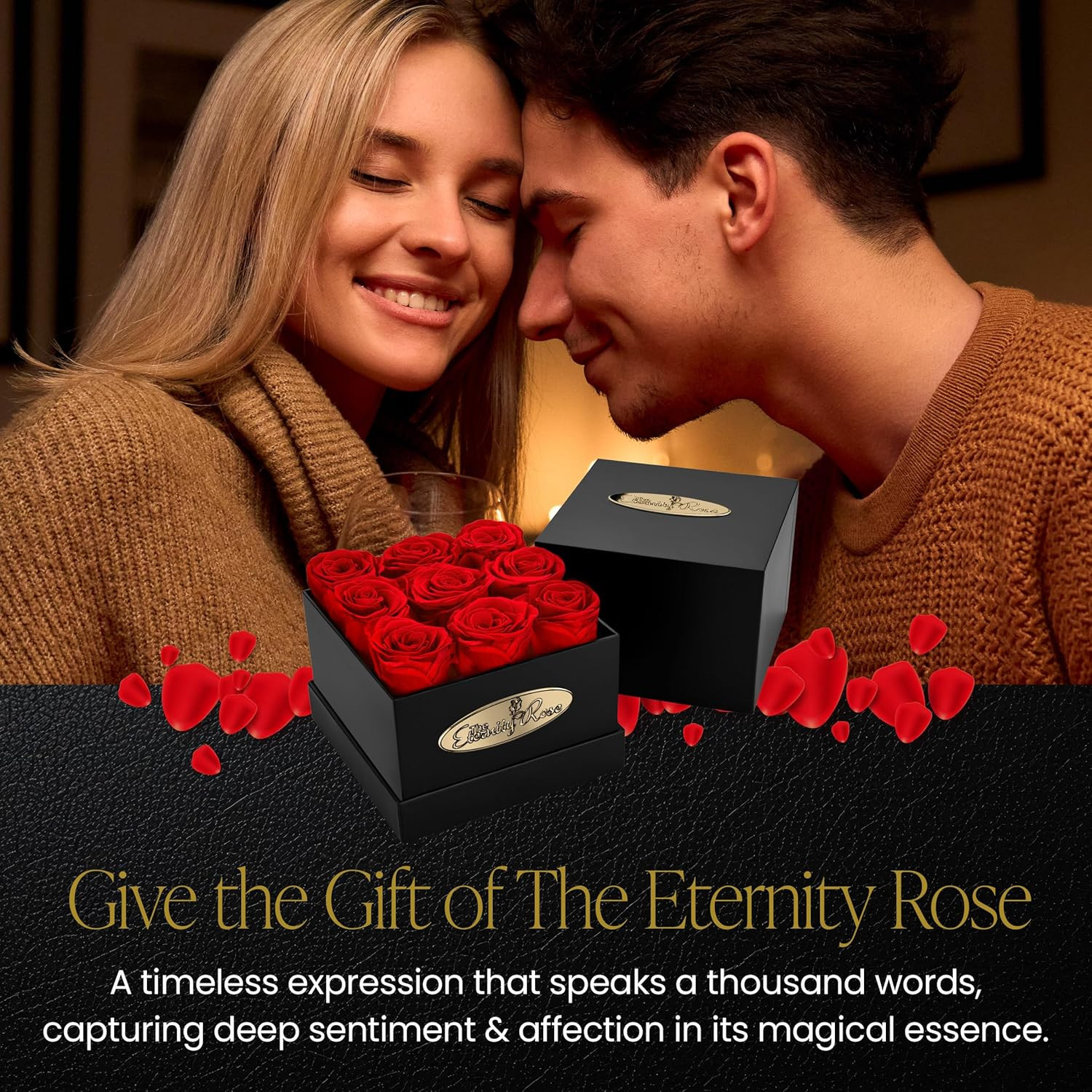 9-Piece Preserved Roses in a Luxury Gift Box – Real Roses in Square Black Box –