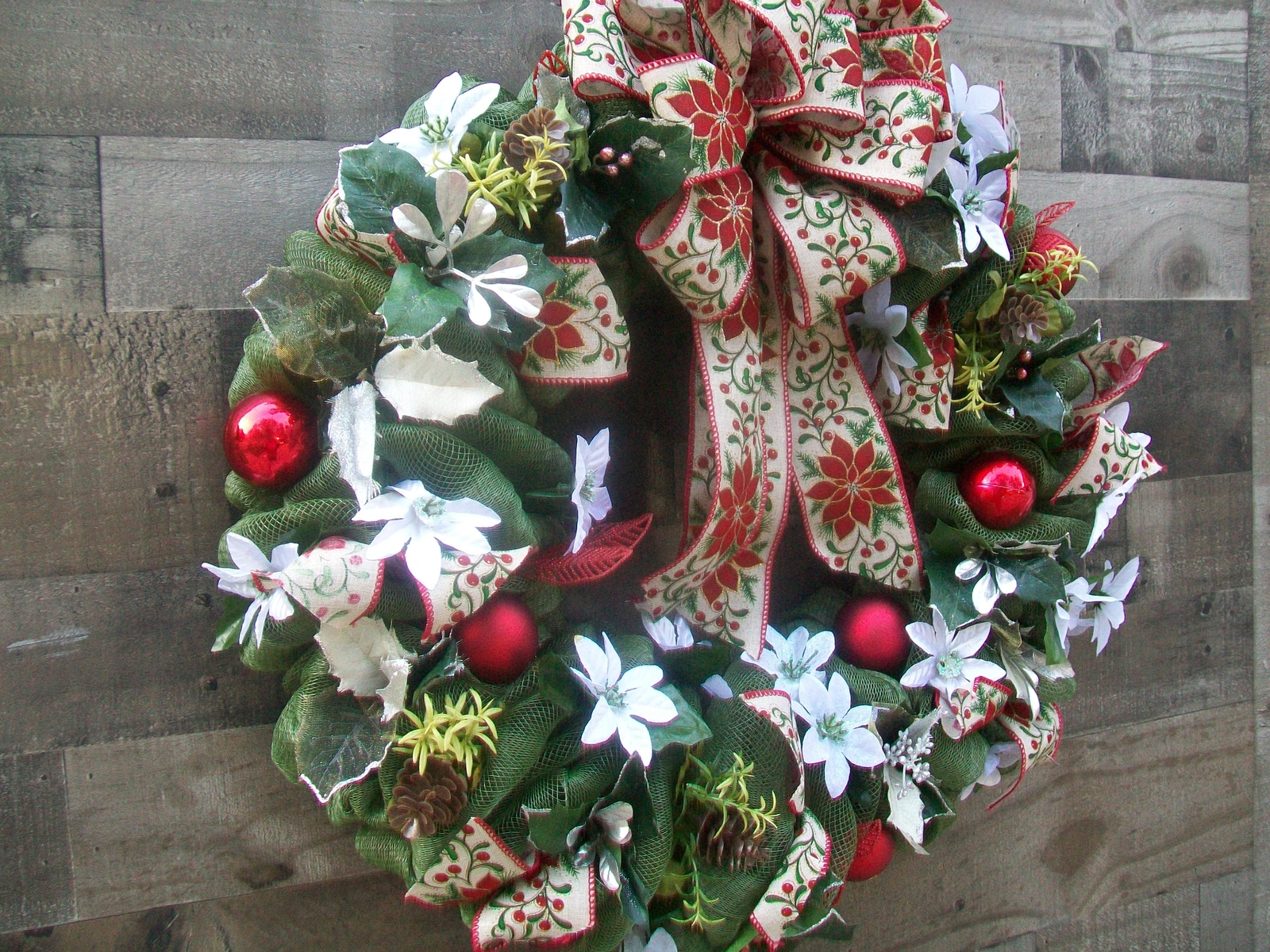 Christmas Olive Red White Poinsettia Mesh Wreath
