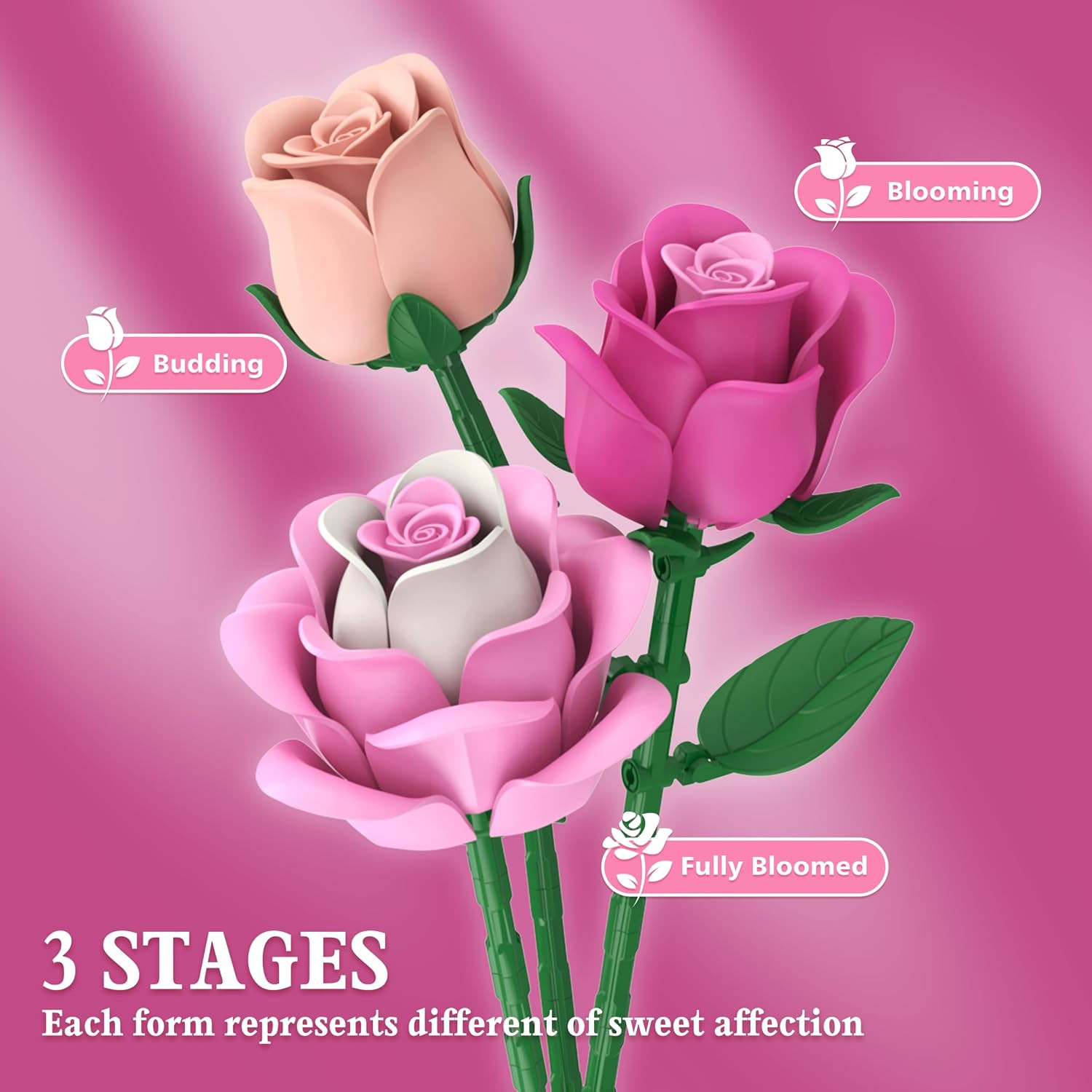 Pink Rose Bouquet Flowers Building Set, 834Pcs Roses Artificial Flowers Botanica