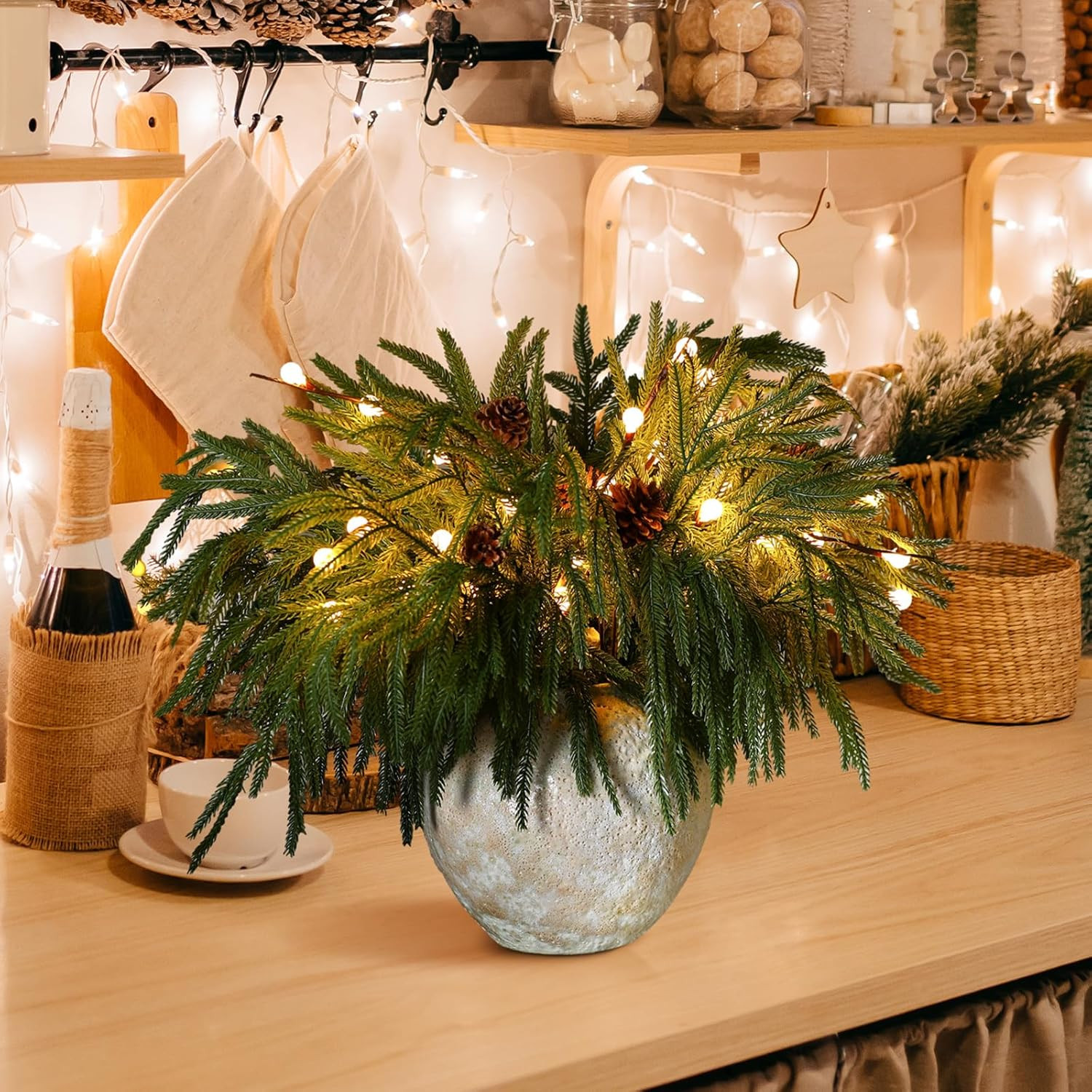 20 Pcs Christmas Norfolk Pine Branches with Lights Set Includes 12 19.7″ Artific