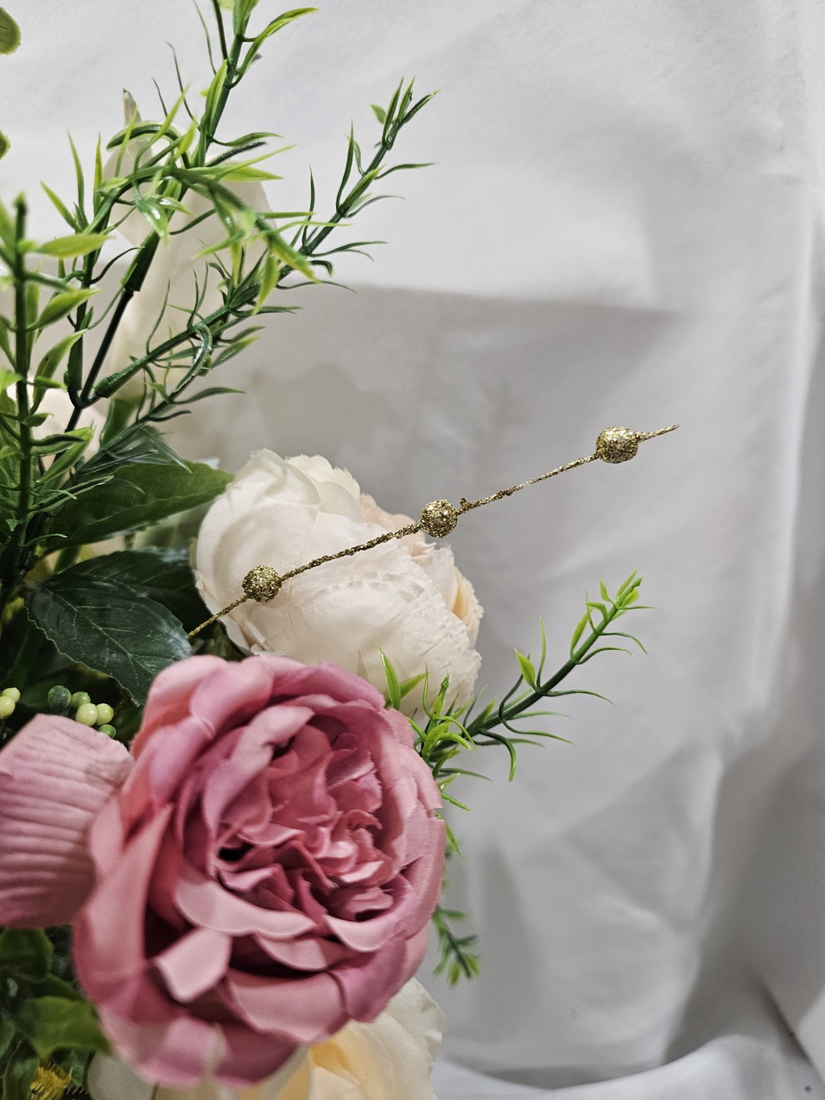 Artificial Flower Arrangement Peonies Calla Lilies Glistening Gold Accen & Vase