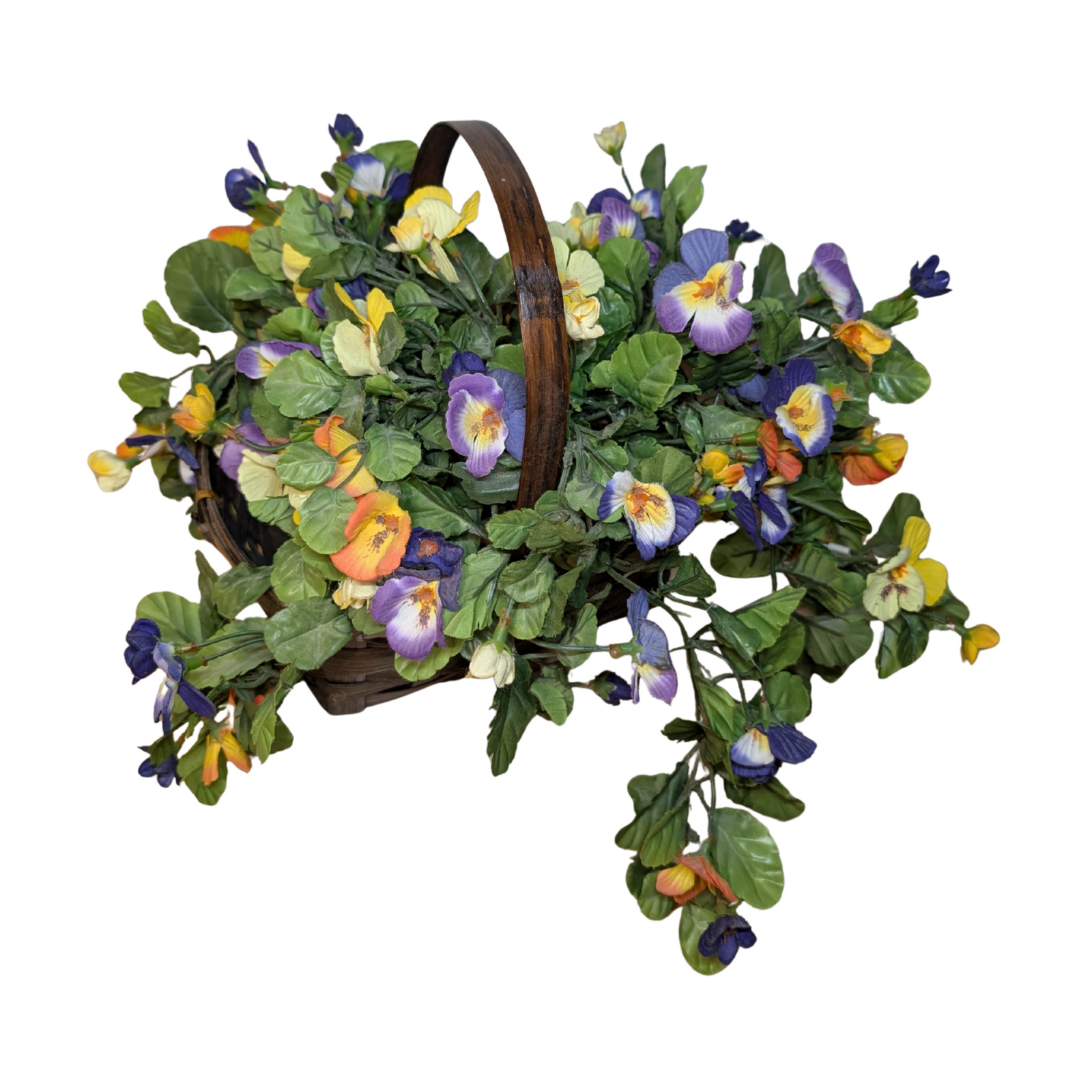 Vintage Cottage Woven Wood Basket with Silk Flowers & Bird Decor