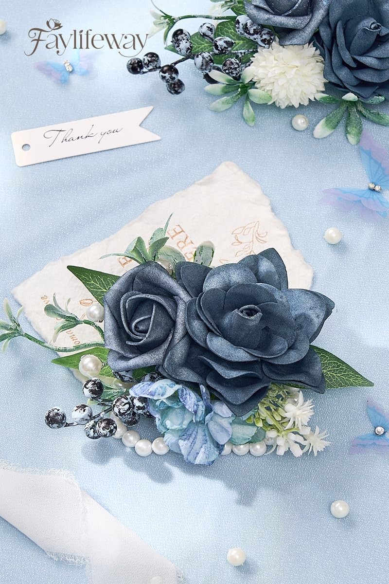 Blue Rose Corsage Boutonniere Set Prom Flower Wrist Wedding Artificial Decor
