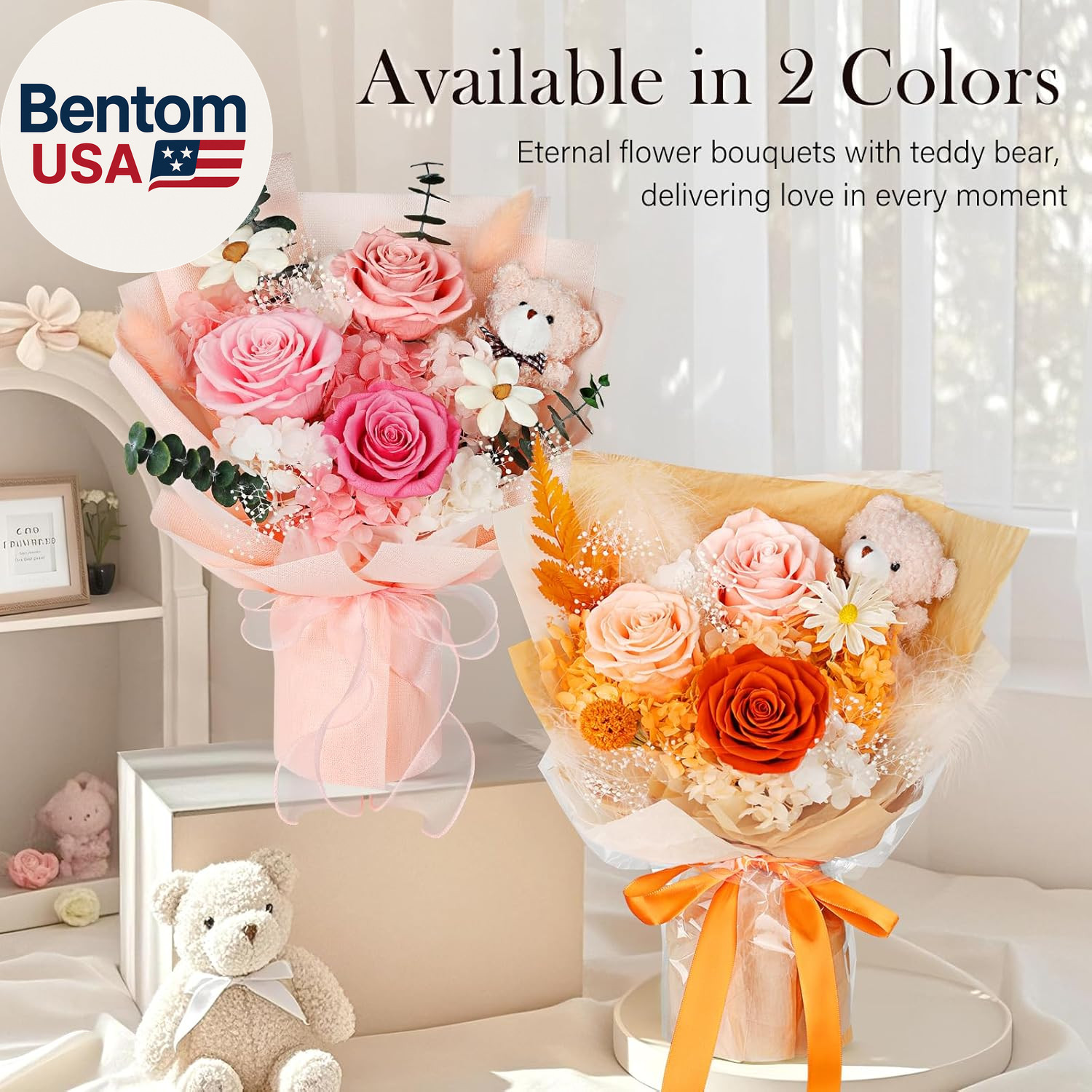 Preserved Flowers Bouquet with Bear, 3 Real Forever Flowers for Delivery, Long-L