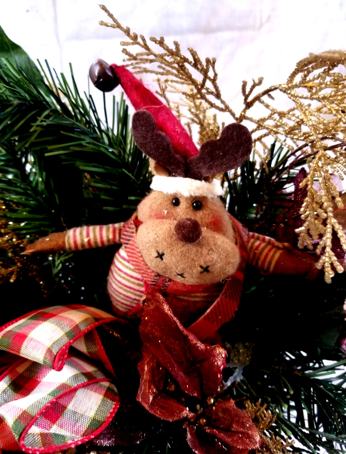Xmas Floral Arrangement w Cloth Reindeer Accent 14″ x 13″ Table Desk Centerpiece
