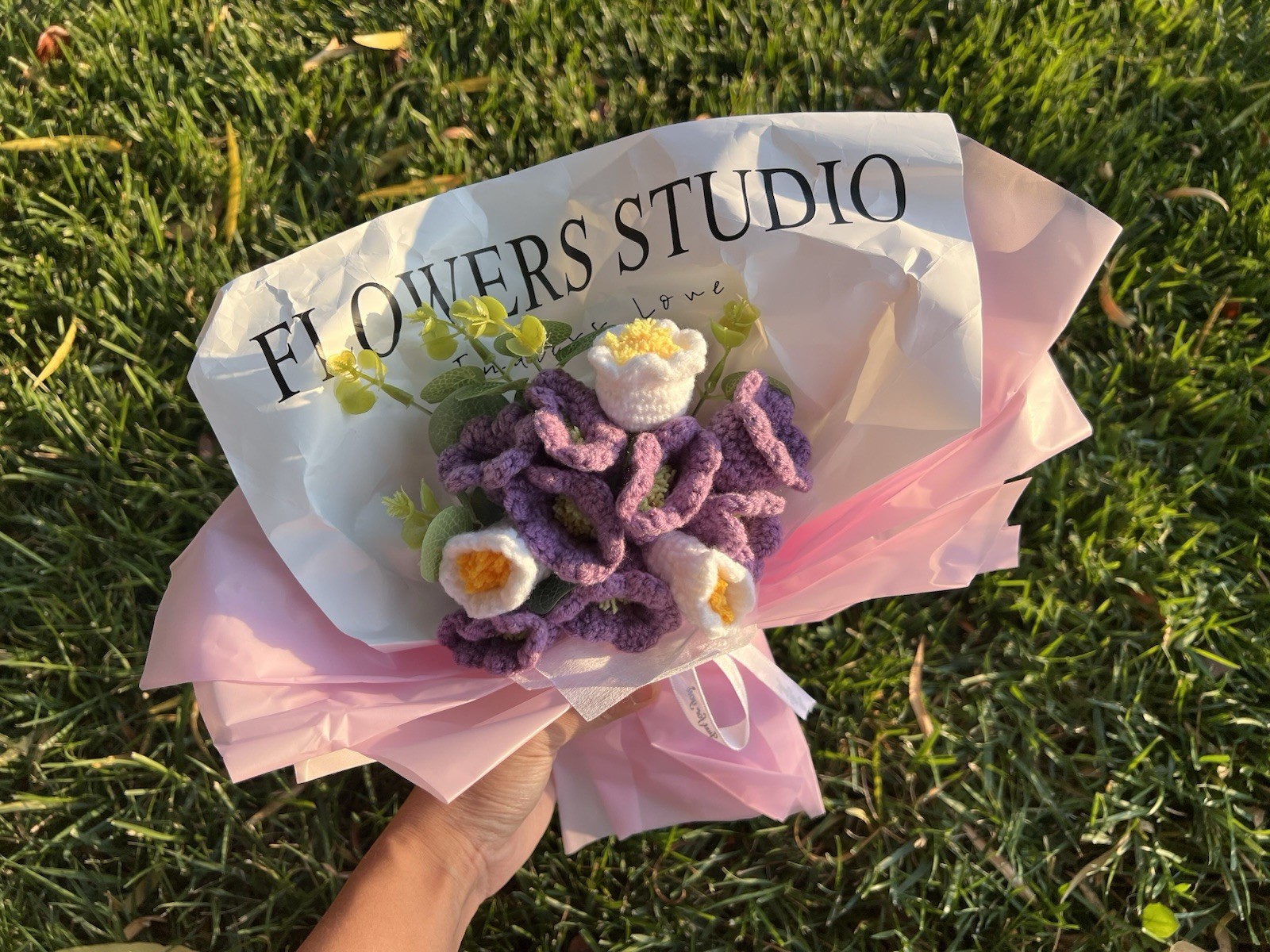 Handmade Crochet Purple Flower Bouquet with White Blooms – Elegant Gift