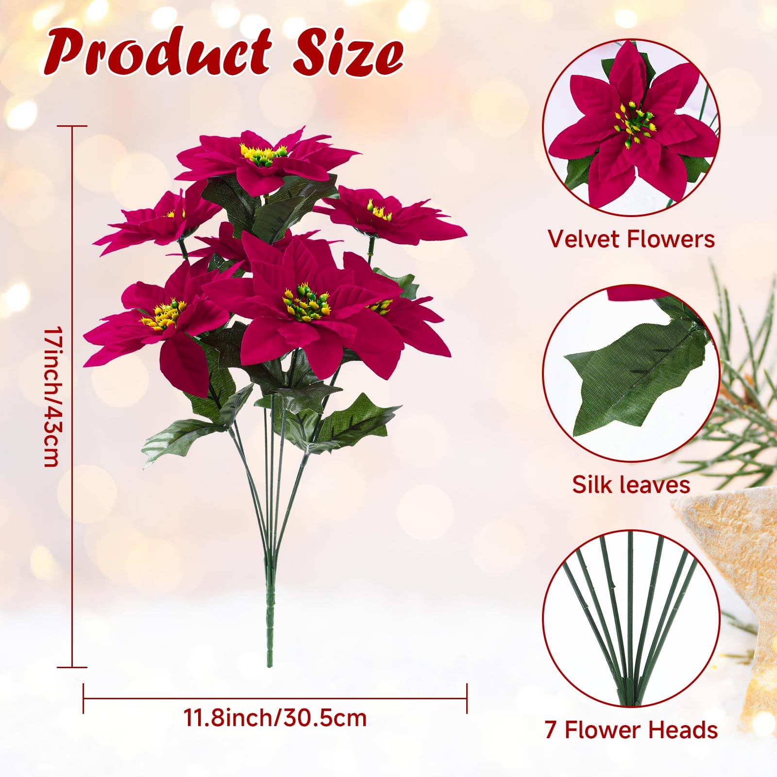 8 Pack 7 Heads 17in Poinsettia Christmas Flowers Artificial Velvet Fake Poins…