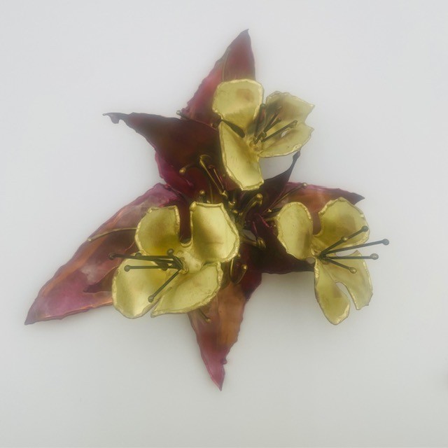 Vintage Gold Red Flowers & Leaves Copper Brass Metal Sculptures – 3 Pcs