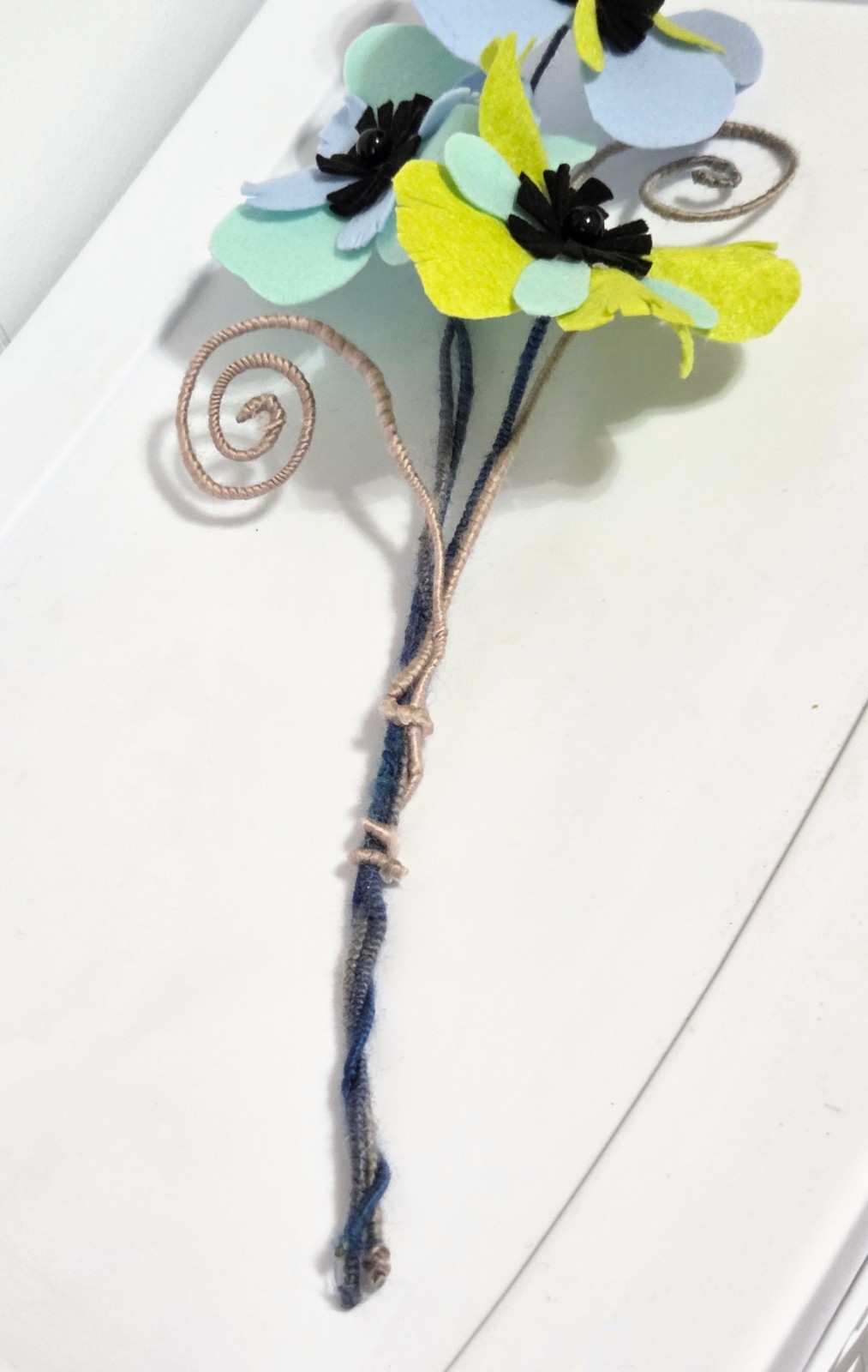 Handmade Felt Flower Bouquet – Pastel Green Blue Black Whimsical 4″ Blooms