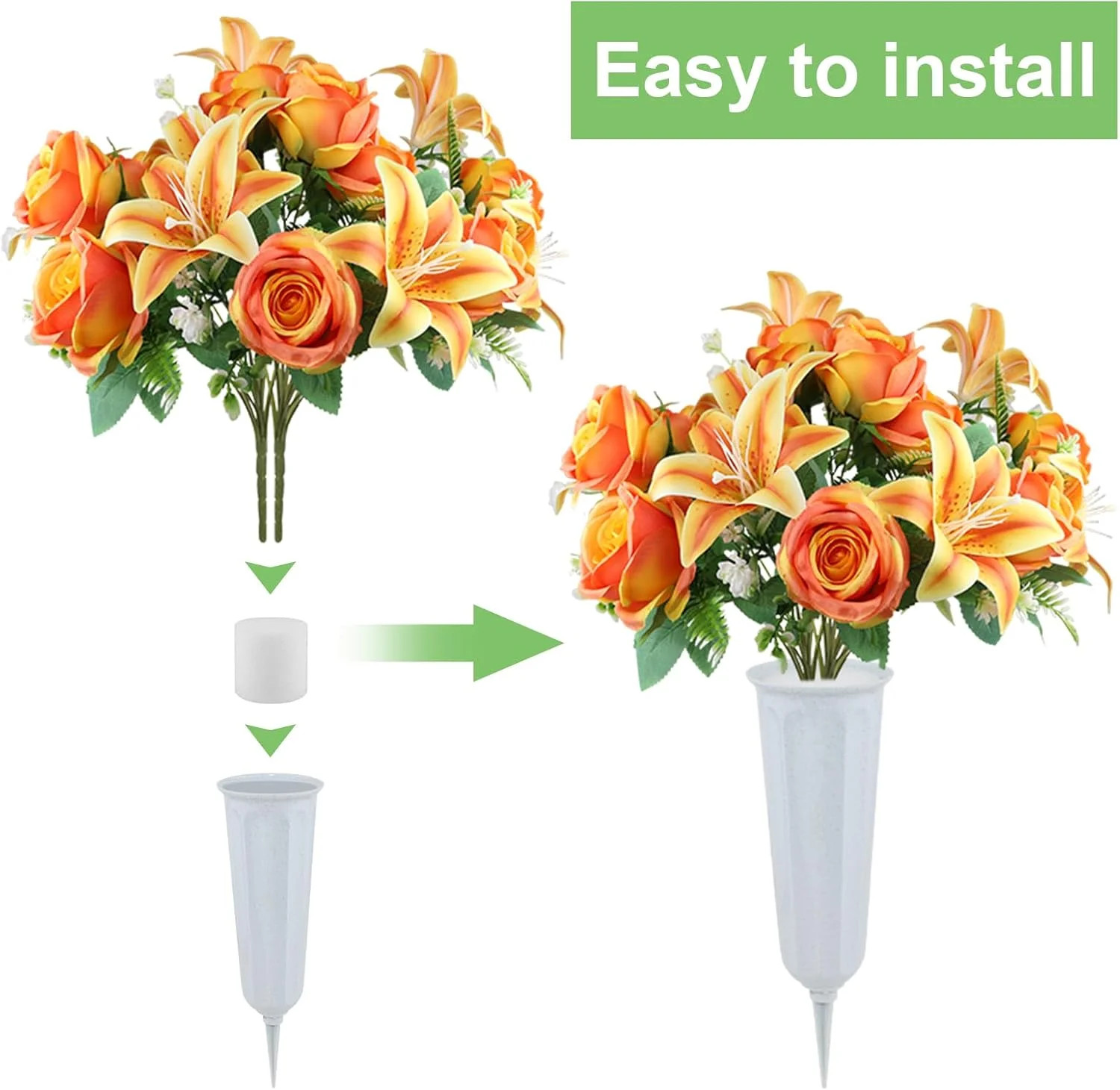 2 Set Artificial Cemetery Flowers with Grave Vase-2 Bunches Lilies & Rose Mixed