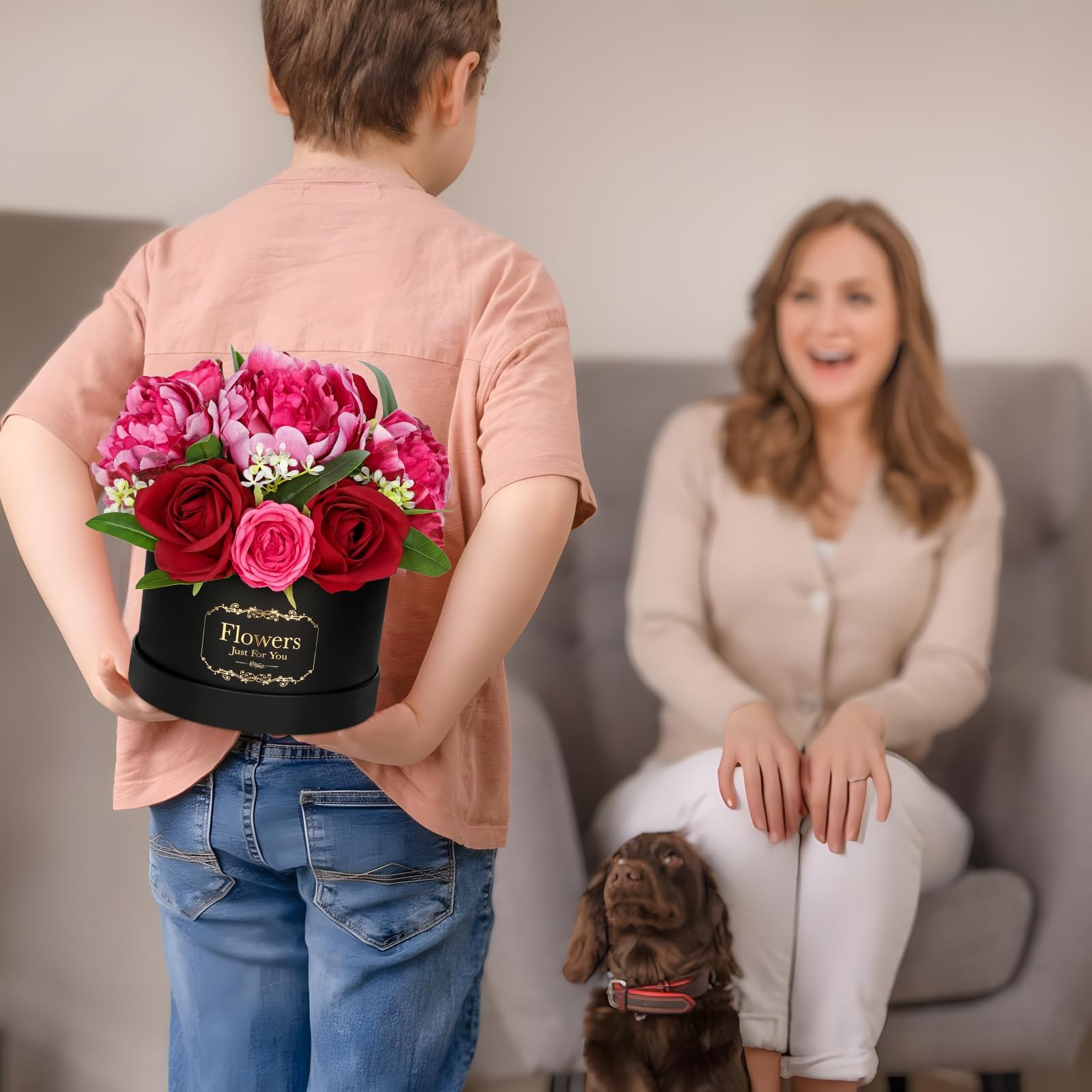 Red Artificial Peonies Roses in Vase Round Gift Box with Fake Flowers