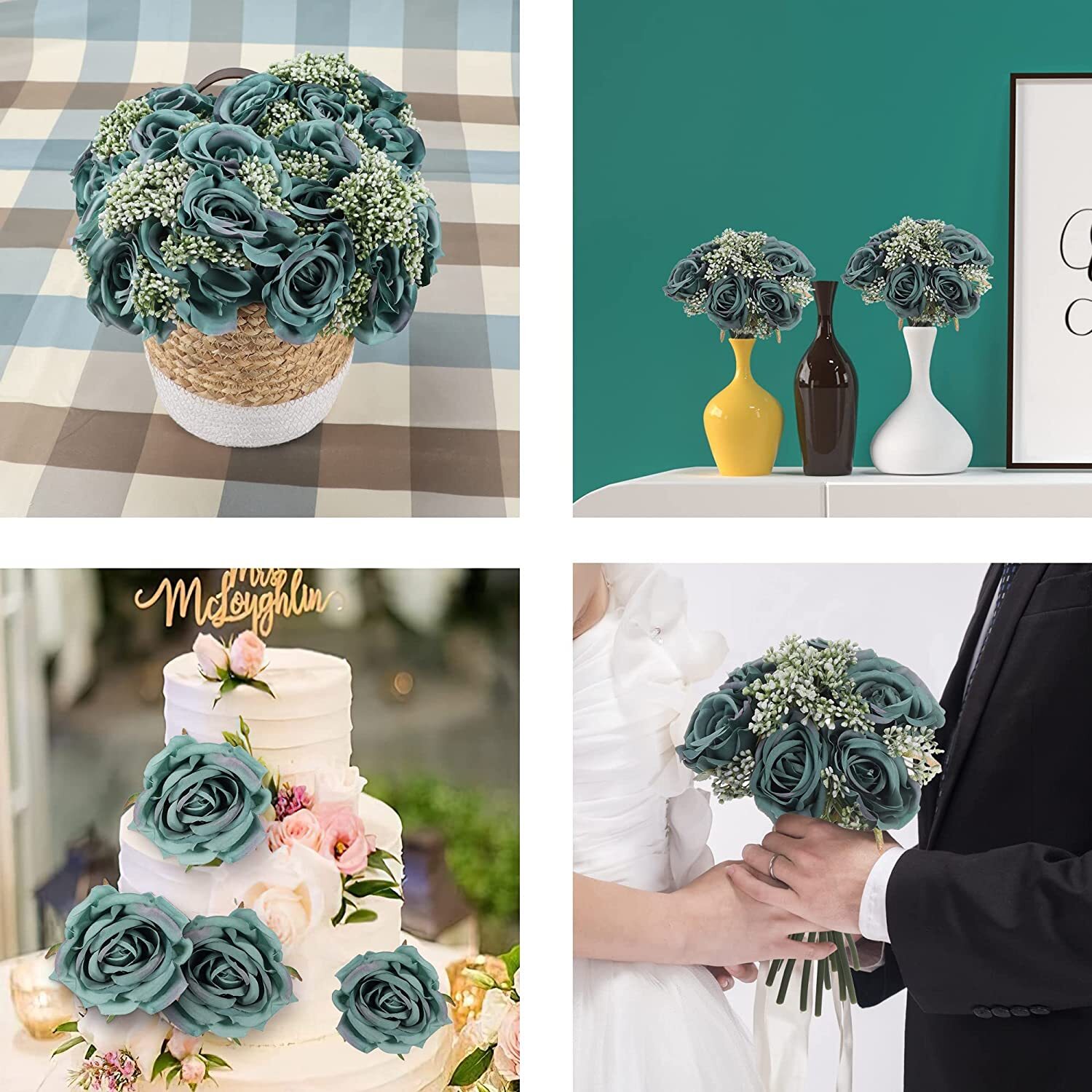 4 PCS Bouquet Dark Green Rose Fake Artificial Flowers with 24 Heads Decoration