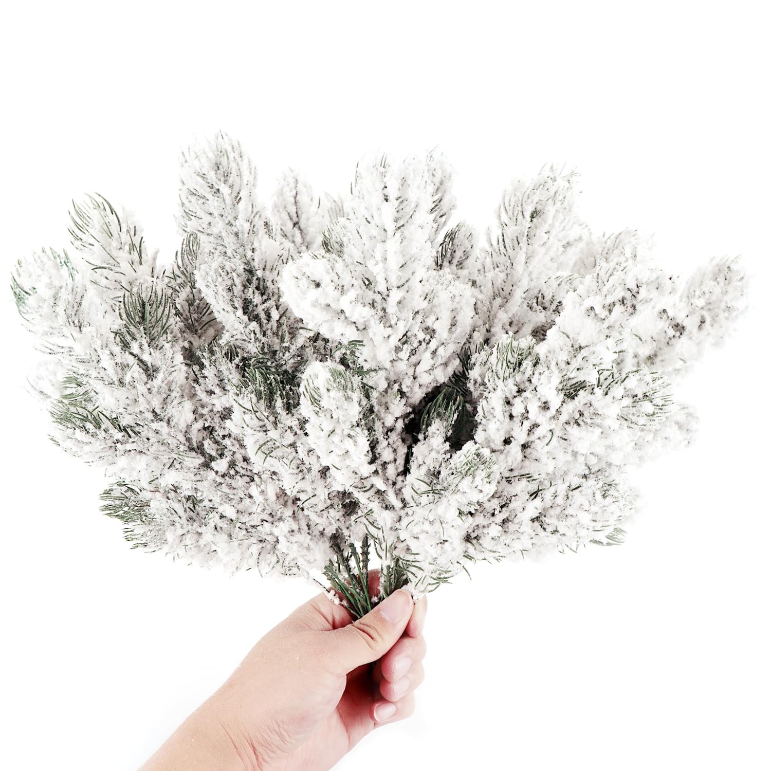 20PCS Frosted Artificial Pine Needles Branches 10.6 Inches Christmas Fake Sno…