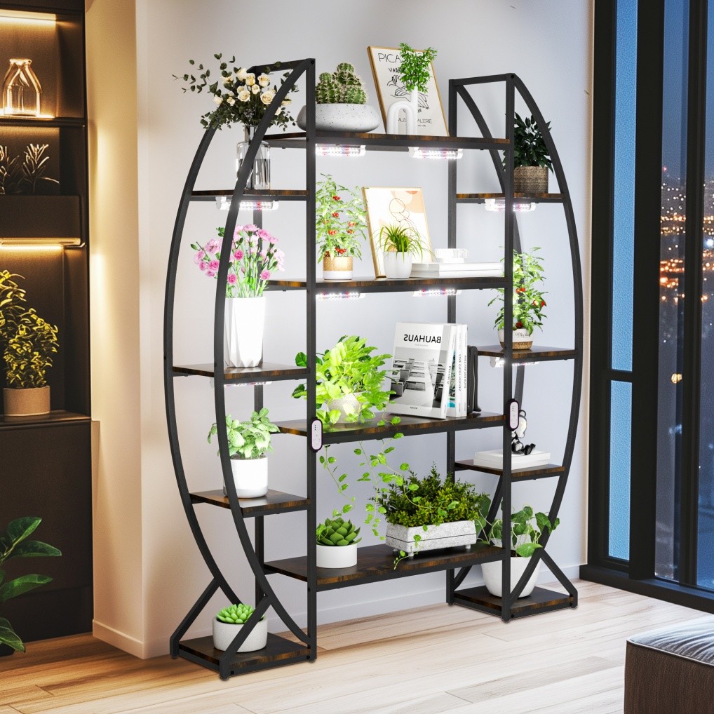 Heavy Duty Plant Stand with Grow Lightstall LED Half-moon Storage Display Shelf