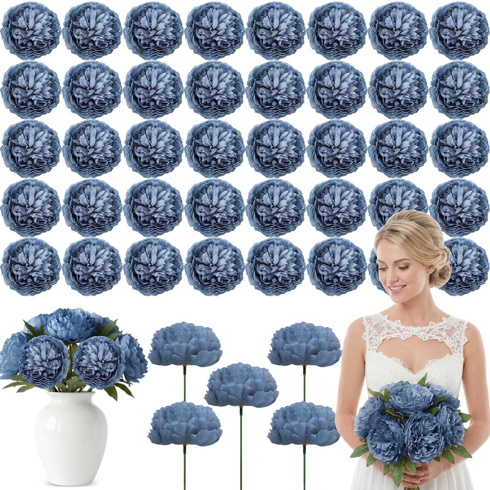 50 PCS 4.7 Inch Artificial Silk Peony Rose Flower Heads Wedding Dusty Blue