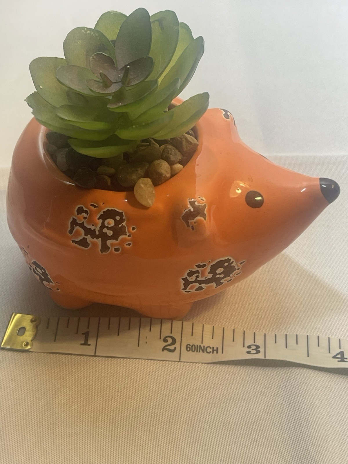 Orange Rustic Hedgehog with Faux Succulent Plant And Glued Pebbles 4x3x 3.5”