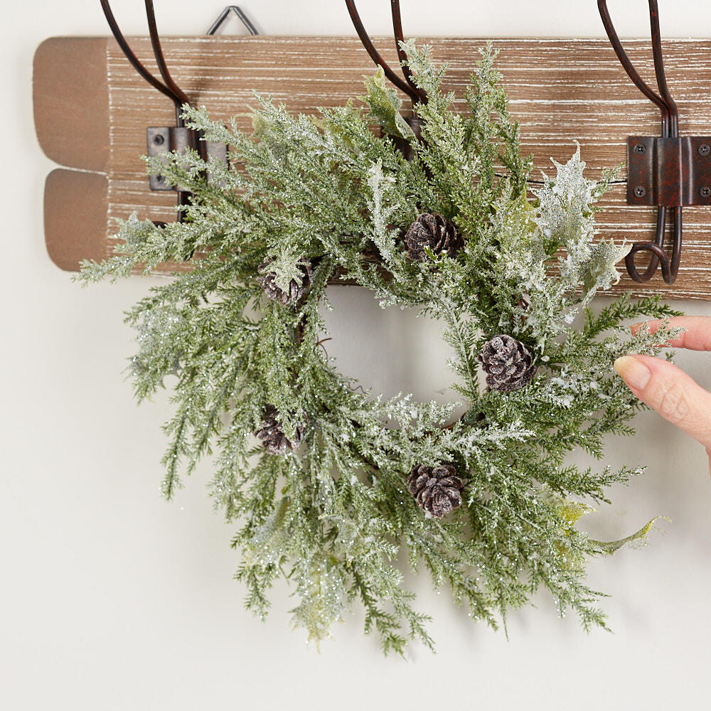 Factory Direct Craft Snowy Artificial Cypress Pine 10″ Wreath with Pinecones