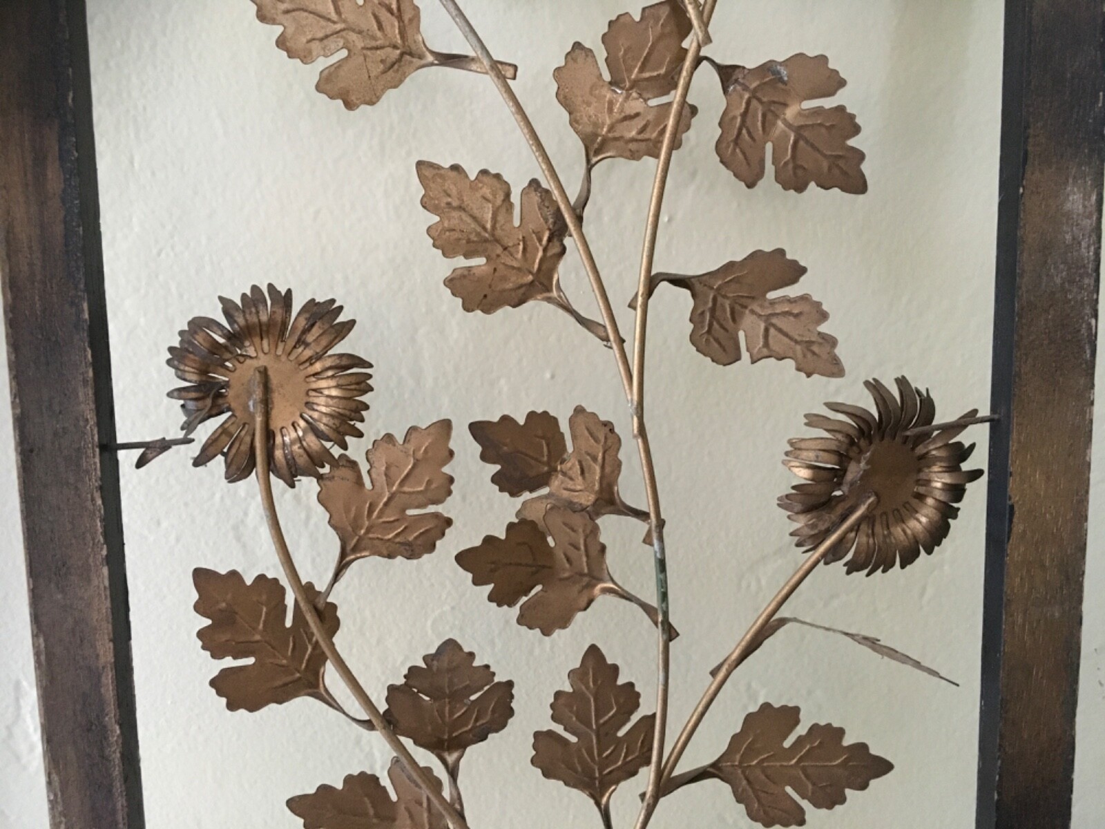 Vintage Asian Metal Floral Toleware Wood Framed Flowers Hong Kong 36×12 Wear