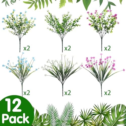 12 Bundles Artificial Flowers Outdoor, UV Resistant Faux Blue, Purple, White