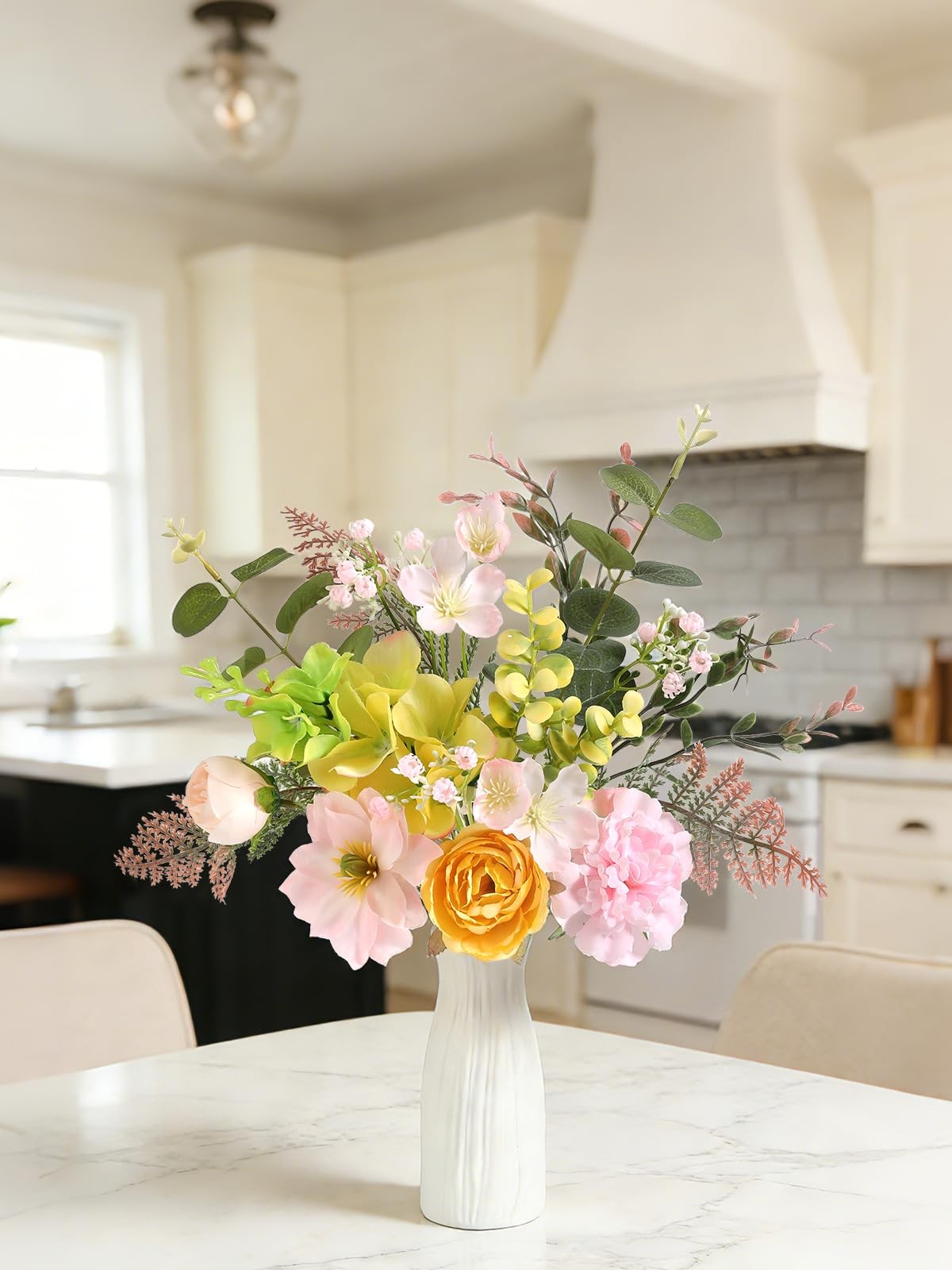 Small 11.8″ Artificial Flowers in Ceramic Vase – Yellow Pink Silk Flower Cent…
