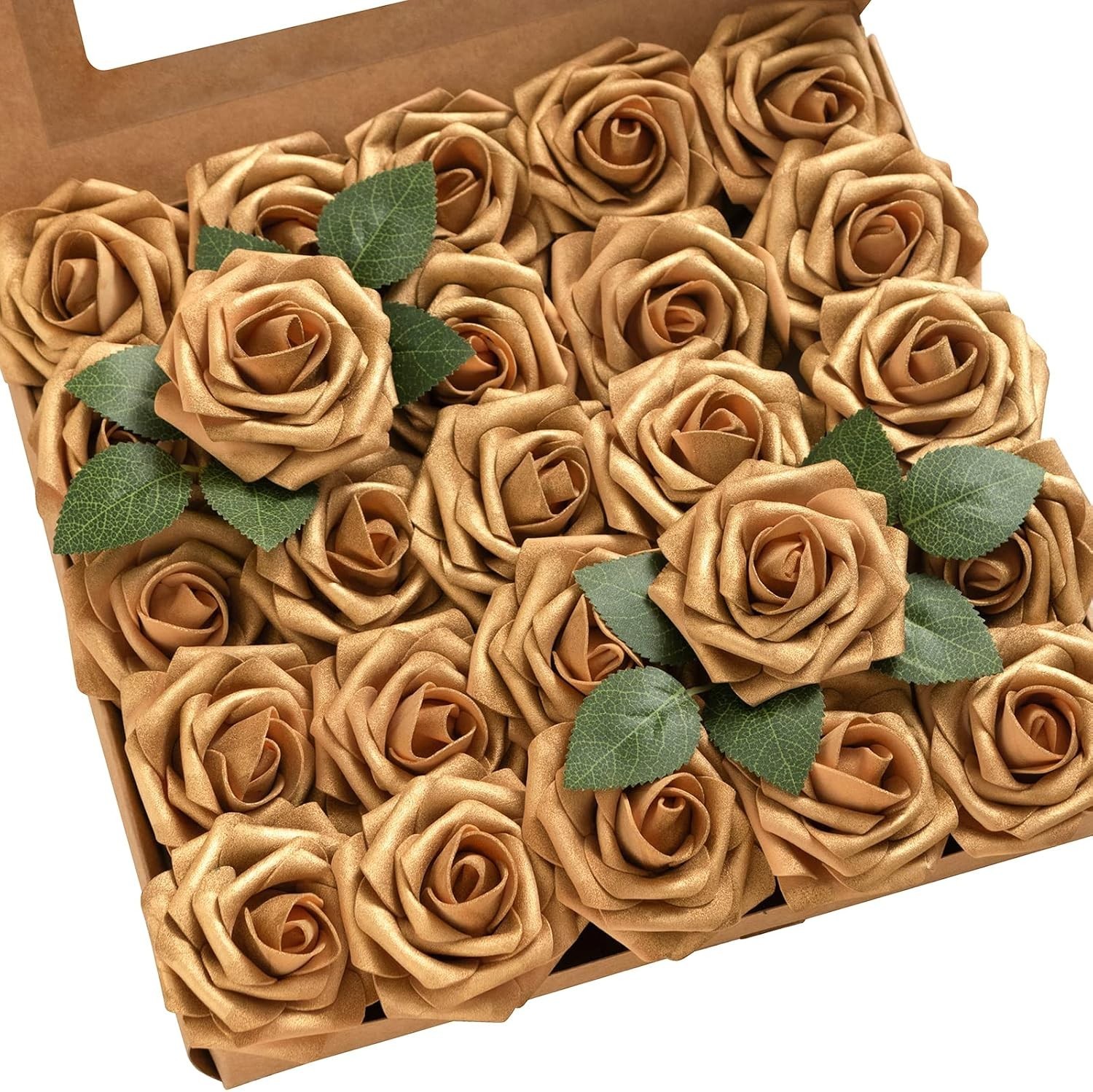 25 Floral Foam Gold Roses – UV Resistant 3″ Artificial Flowers for All Occasions