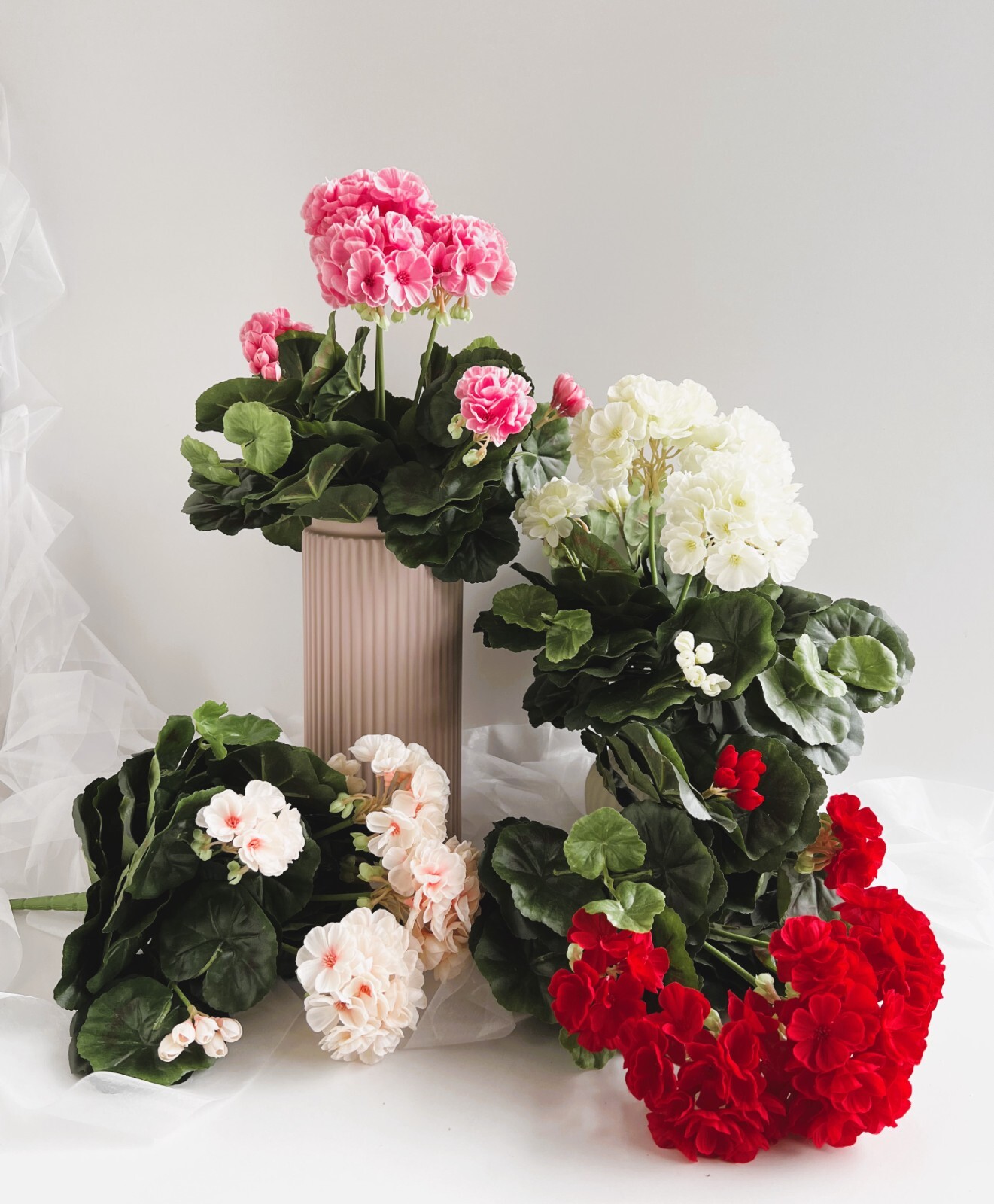 Geranium Bush Pot Plants Faux Silk Geraniums Red Blush Pink Cream Bush Plant x 1