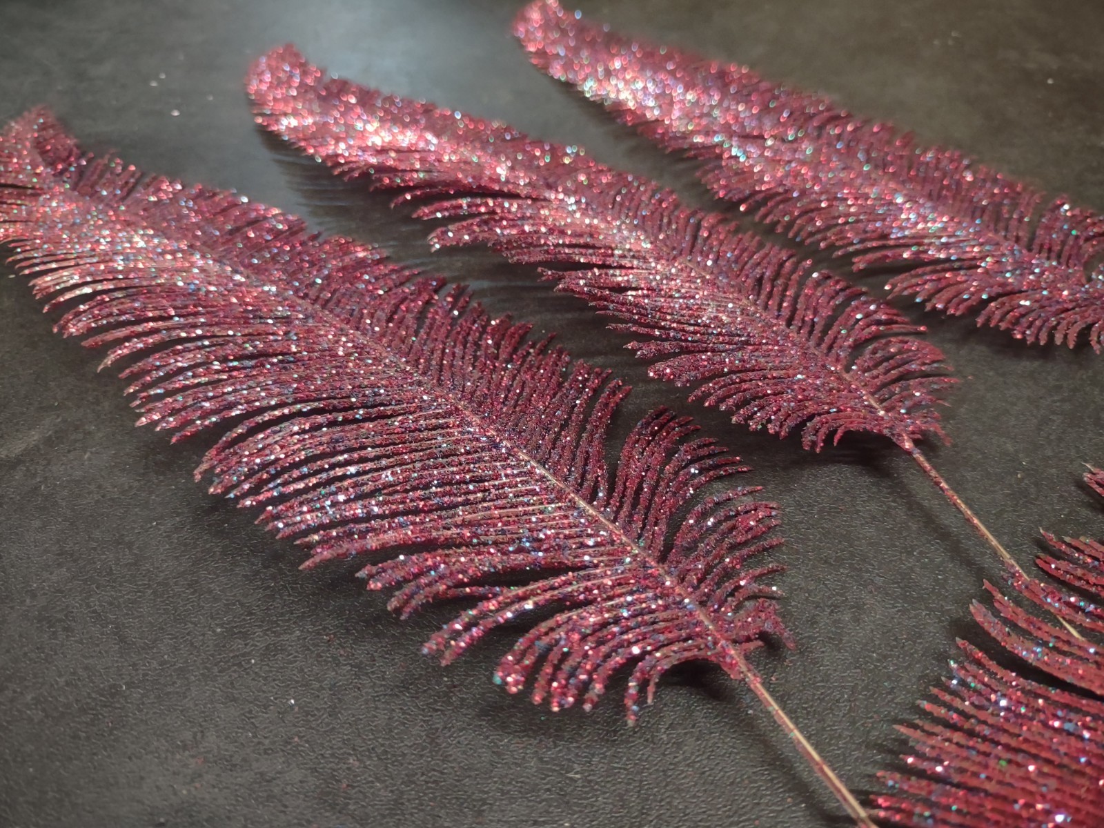 6 Pieces: Retro Plastic Feather Fern, Purple Red & Blue Glittered, Wired 15″